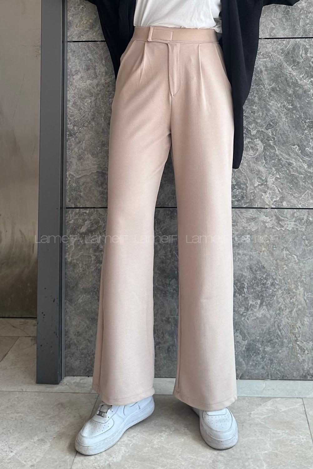 Lamelif  Beli Cırtcırt Kapama Detaylı Pantolon Bej