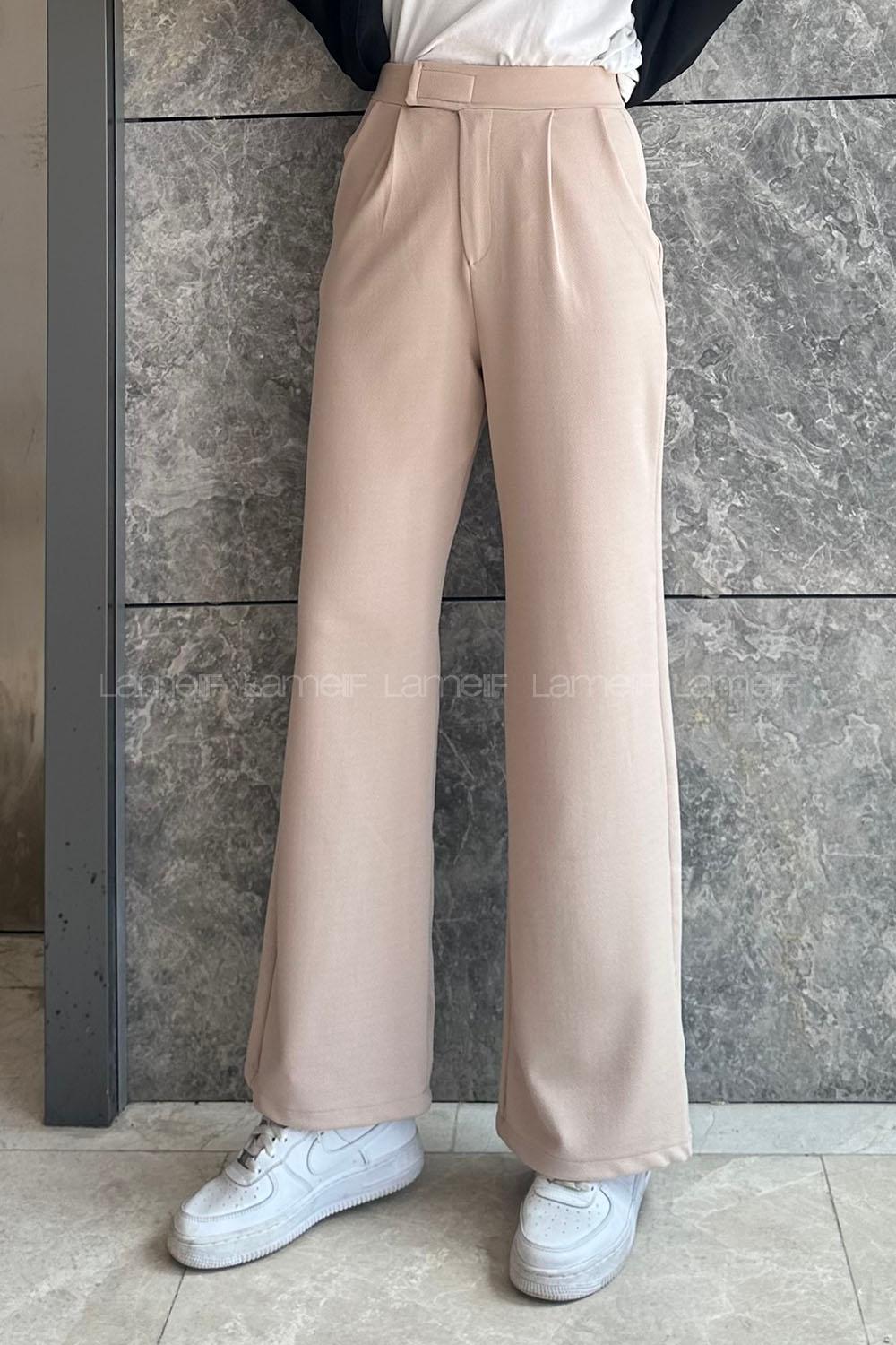 Lamelif  Beli Cırtcırt Kapama Detaylı Pantolon Bej