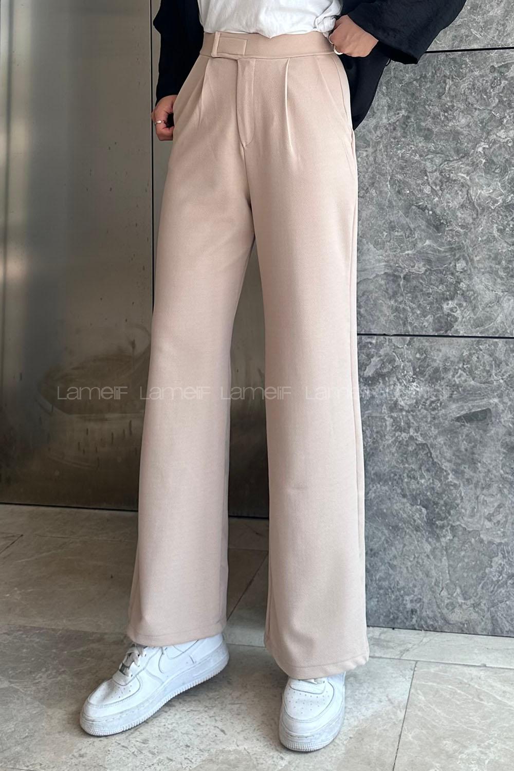 Lamelif  Beli Cırtcırt Kapama Detaylı Pantolon Bej