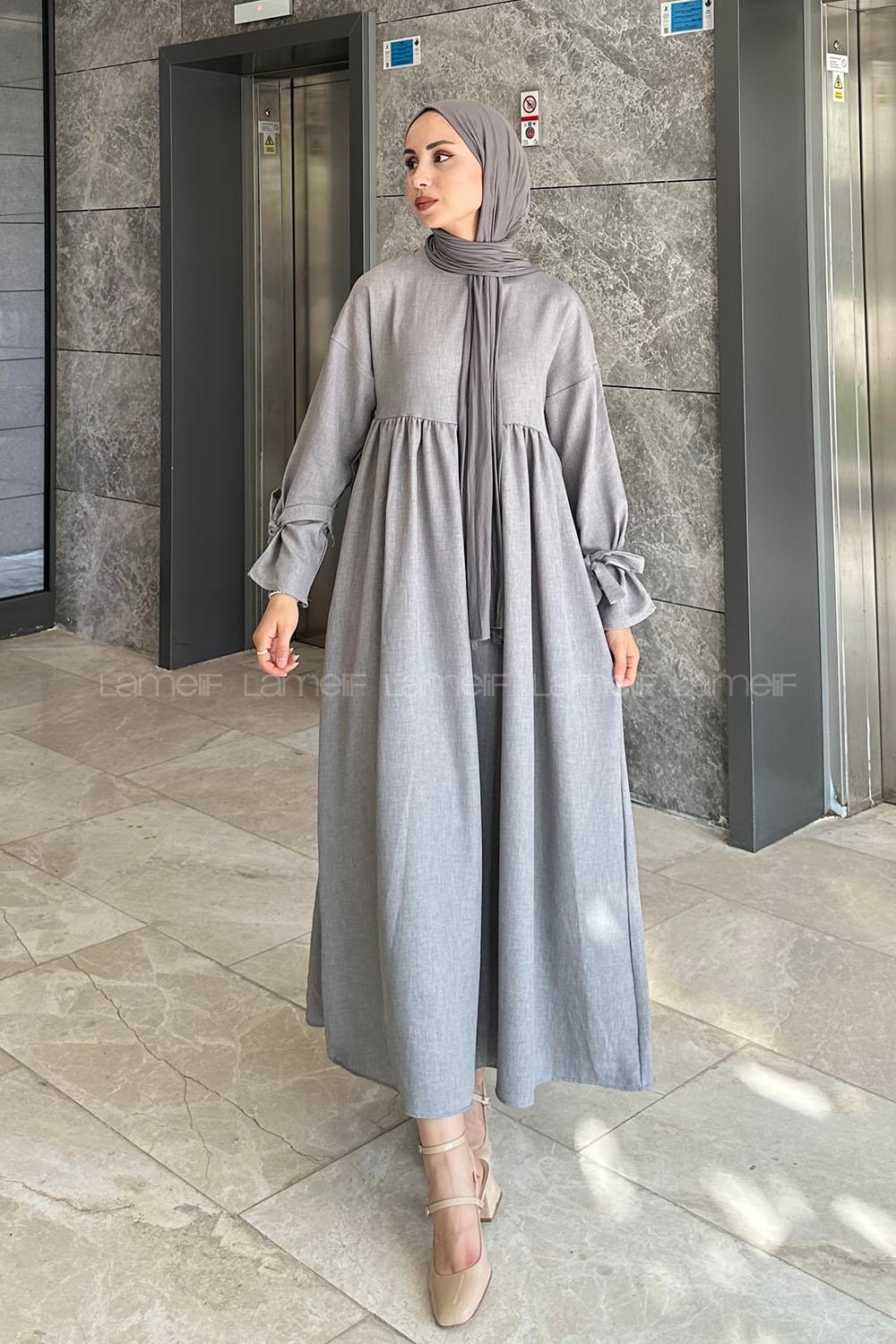 Lamelif Düşük Kol Bağlamalı Keten Tesettür Elbise Gri
