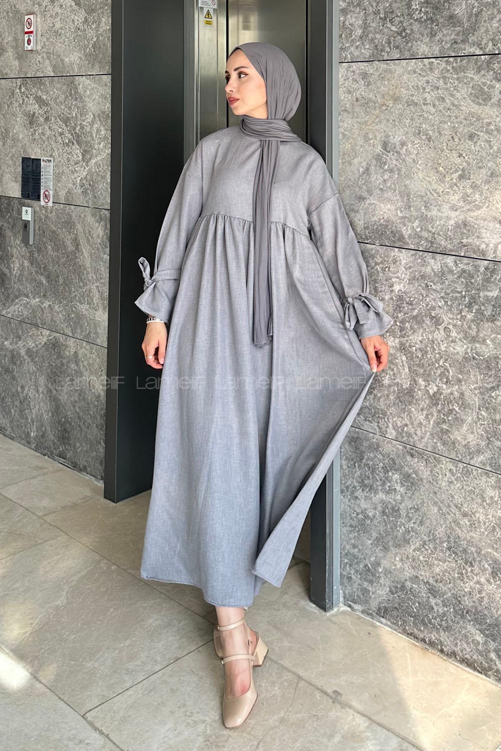 Lamelif Düşük Kol Bağlamalı Keten Tesettür Elbise Gri