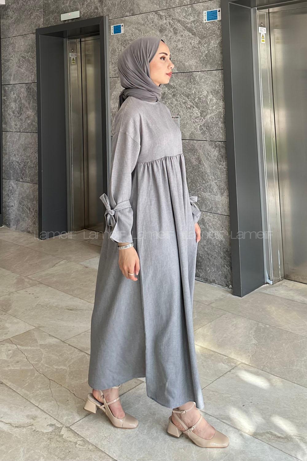 Lamelif Düşük Kol Bağlamalı Keten Tesettür Elbise Gri