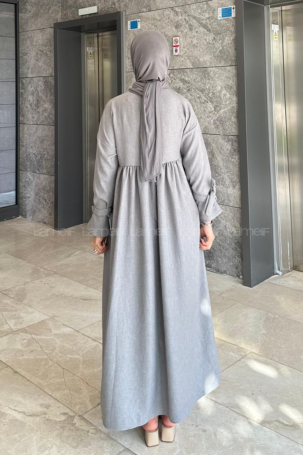 Lamelif Düşük Kol Bağlamalı Keten Tesettür Elbise Gri