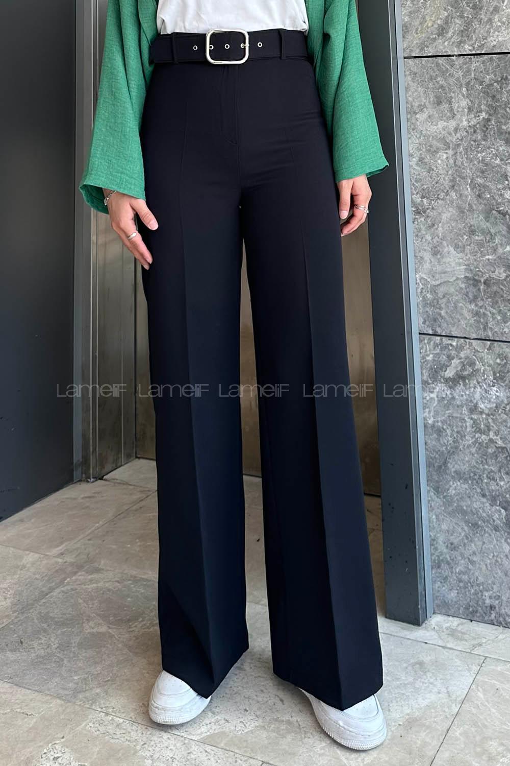 Lamelif Geniş Paça Kemerli Pantolon Siyah