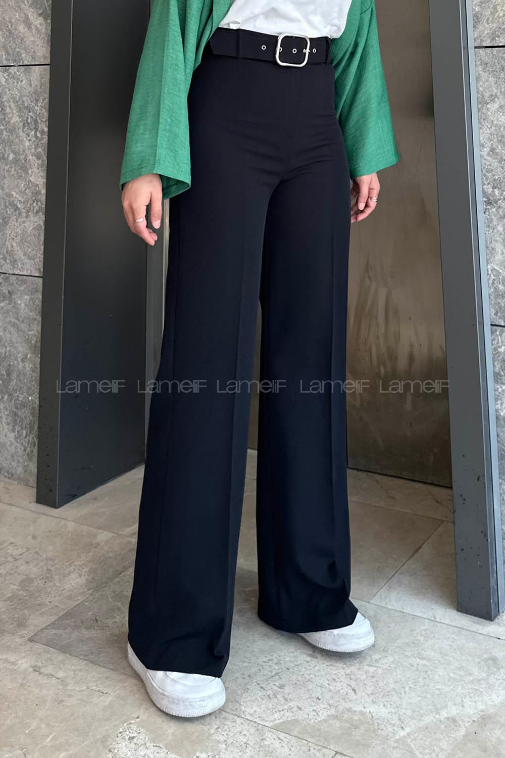 Lamelif Geniş Paça Kemerli Pantolon Siyah