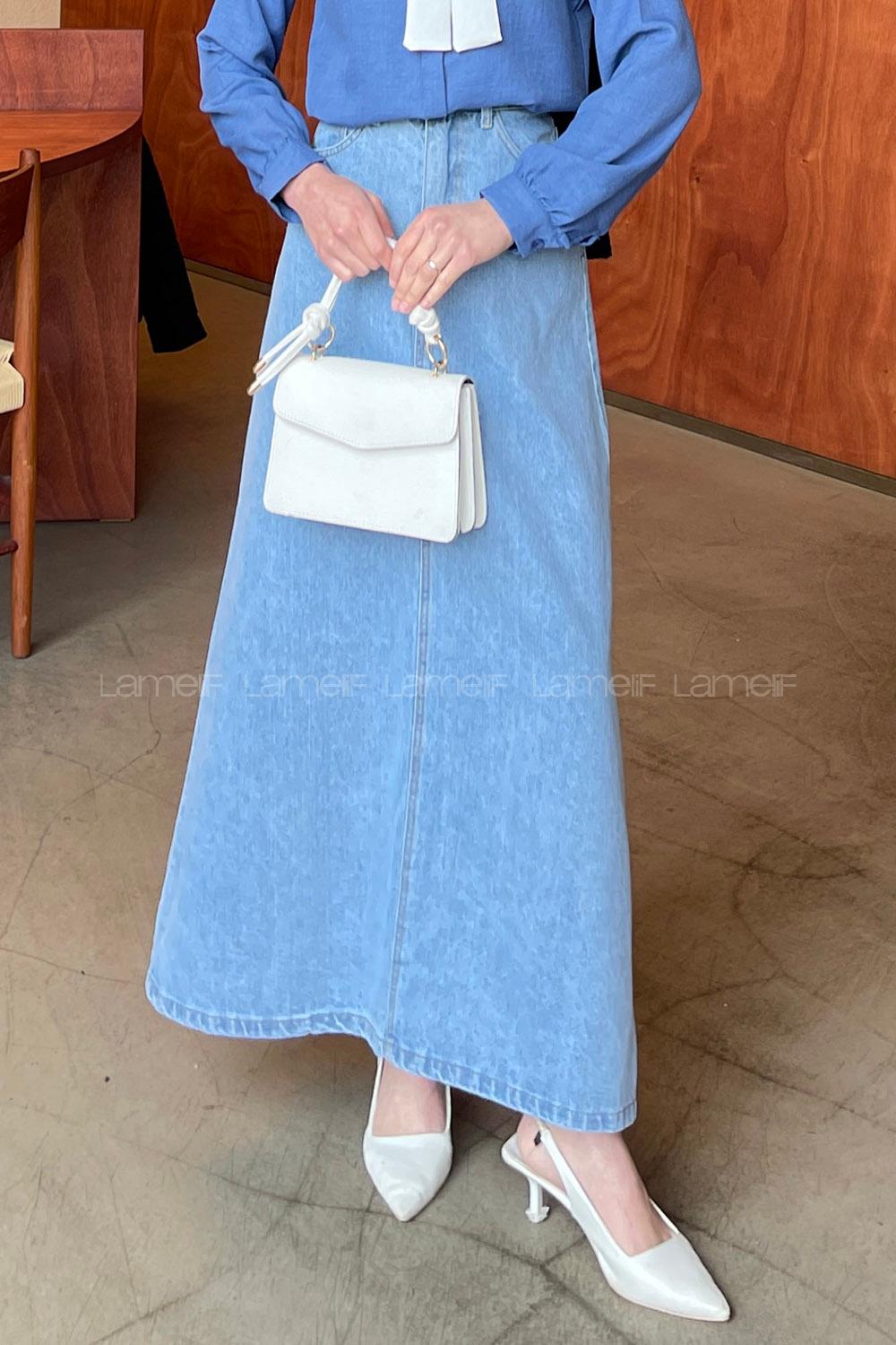 Blue-1 Denim Unprinted Straight Skirt Skirt