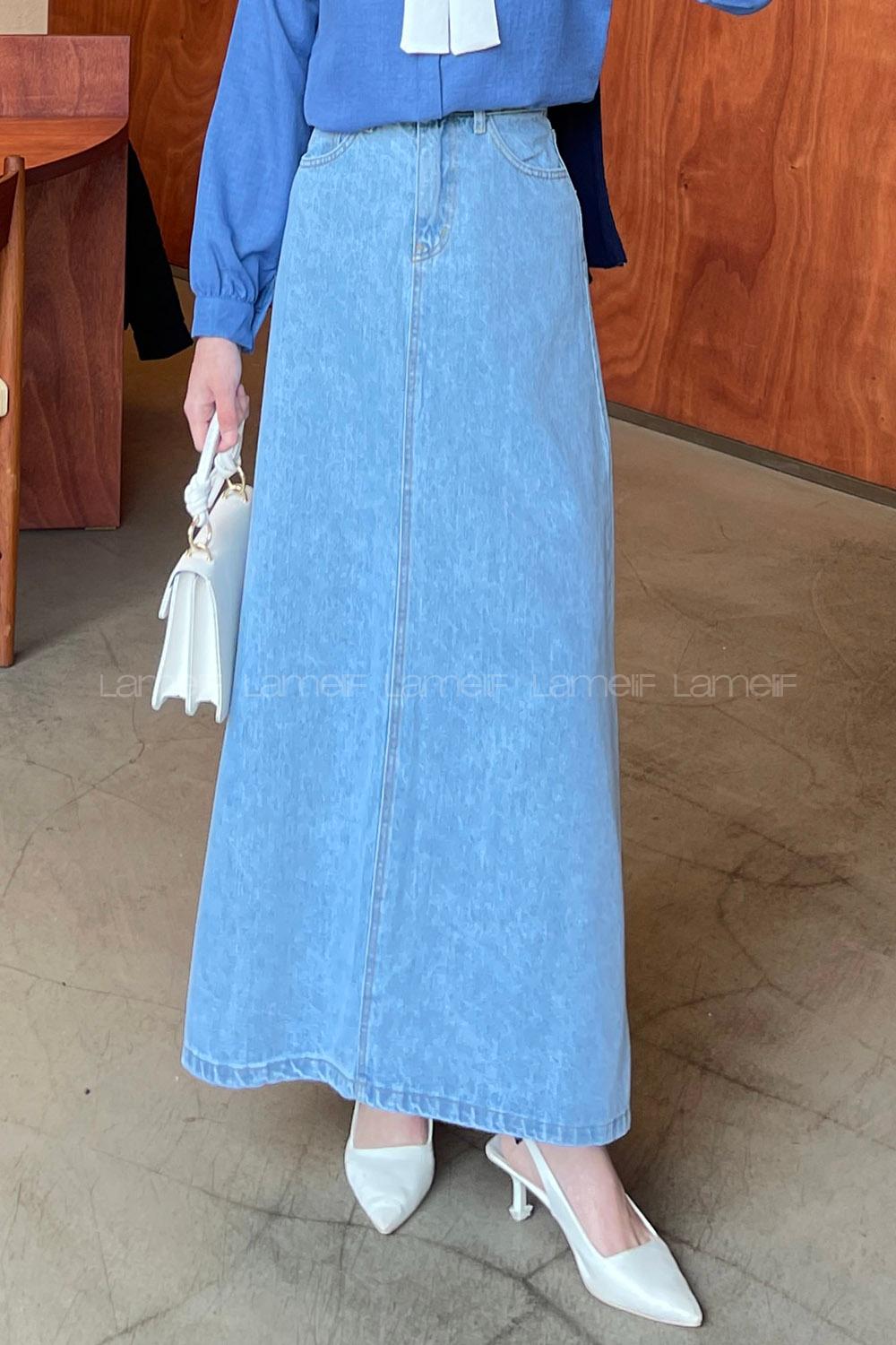 Blue-1 Denim Unprinted Straight Skirt Skirt