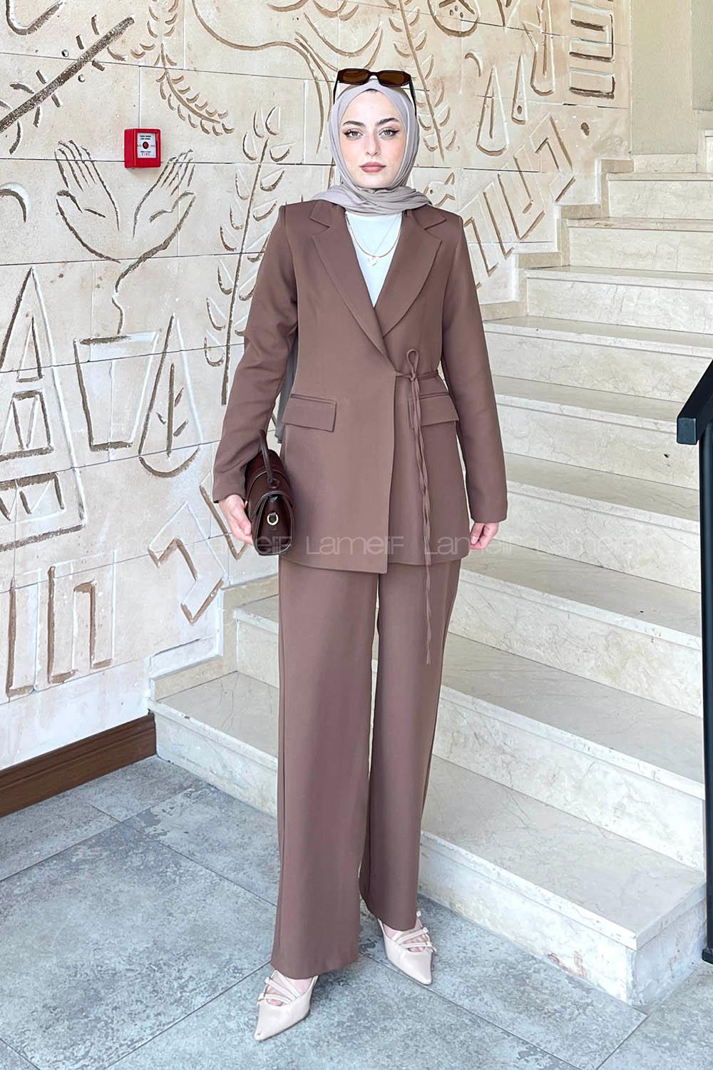 Lamelif Bağlama Detaylı Ceket Takım Kahverengi