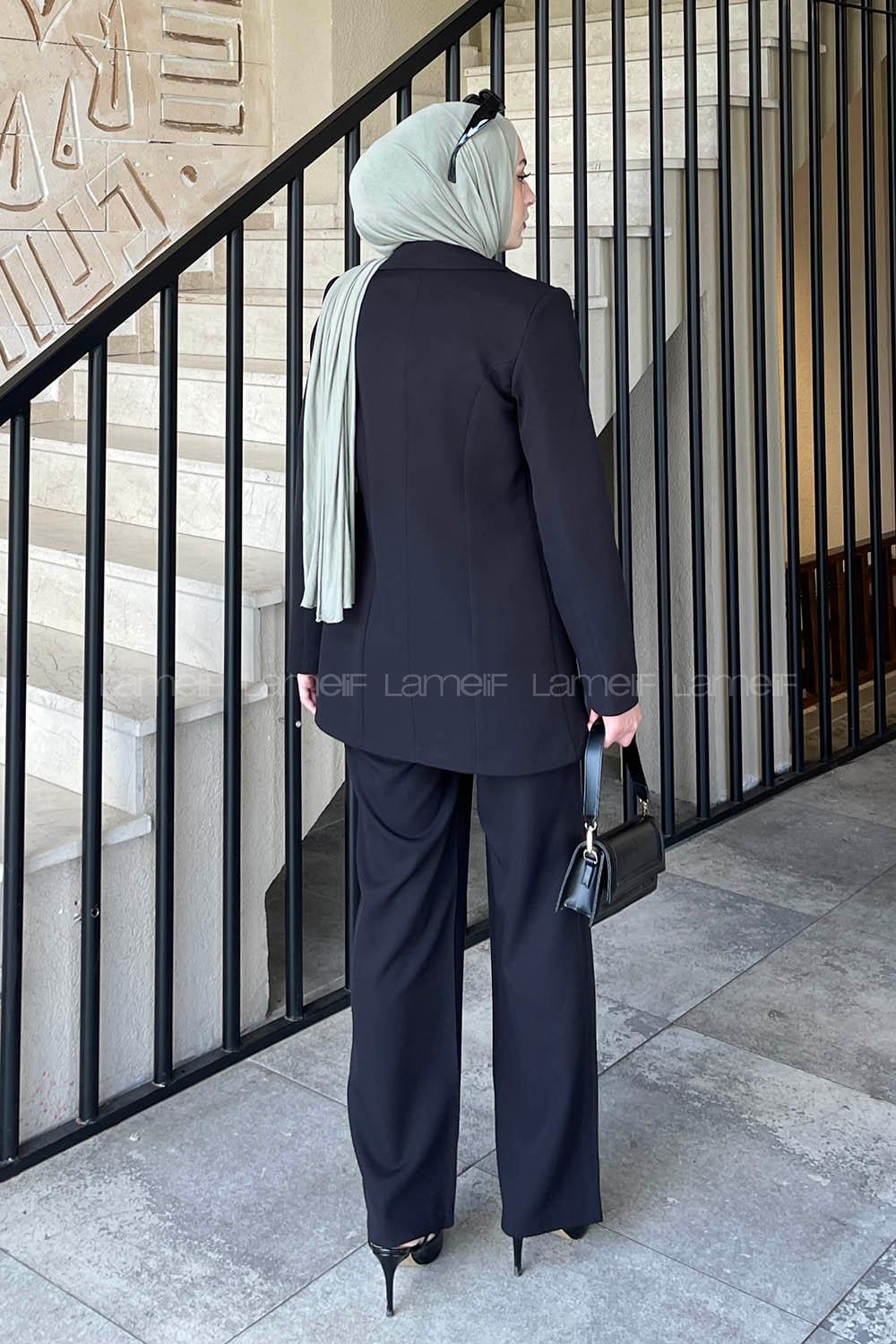 Lamelif Bağlama Detaylı Ceket Takım Siyah