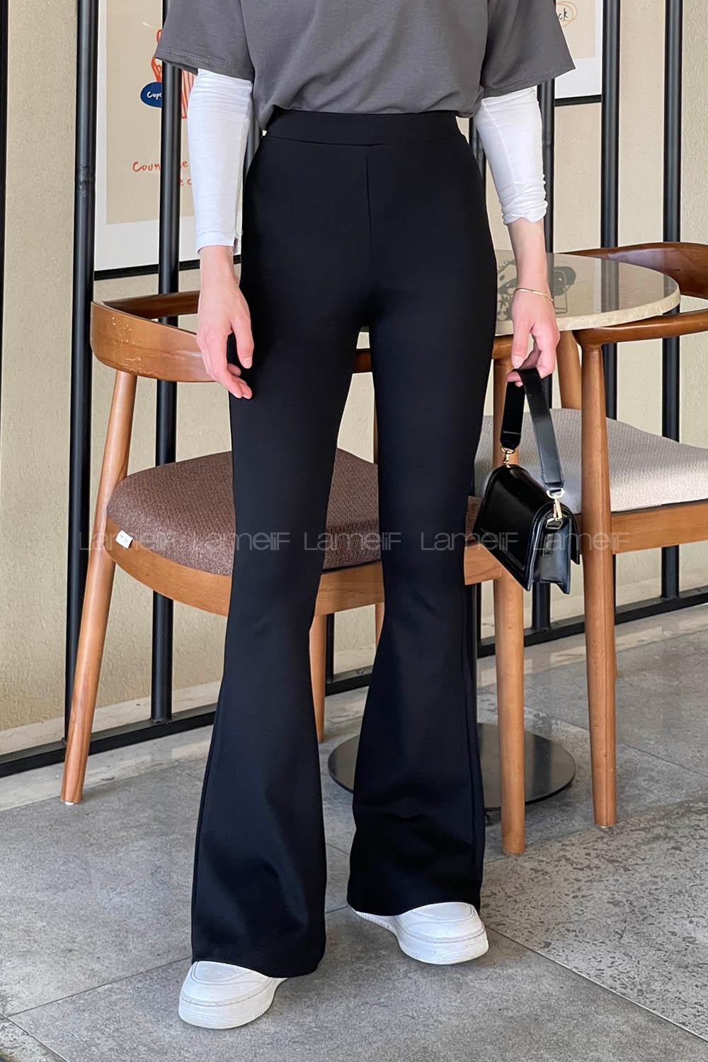 Lamelif İspanyol Paça Çelik Tayt Pantolon Siyah