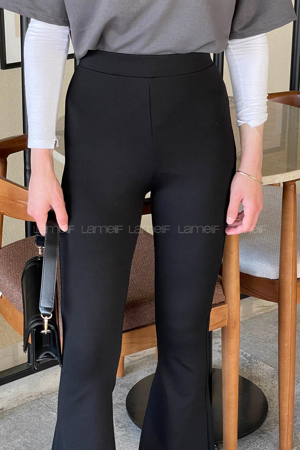 Lamelif İspanyol Paça Çelik Tayt Pantolon Siyah