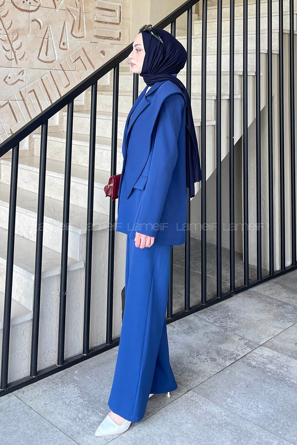 Lamelif Ön Parçalı Blazer Ceket Takım Saks Mavisi