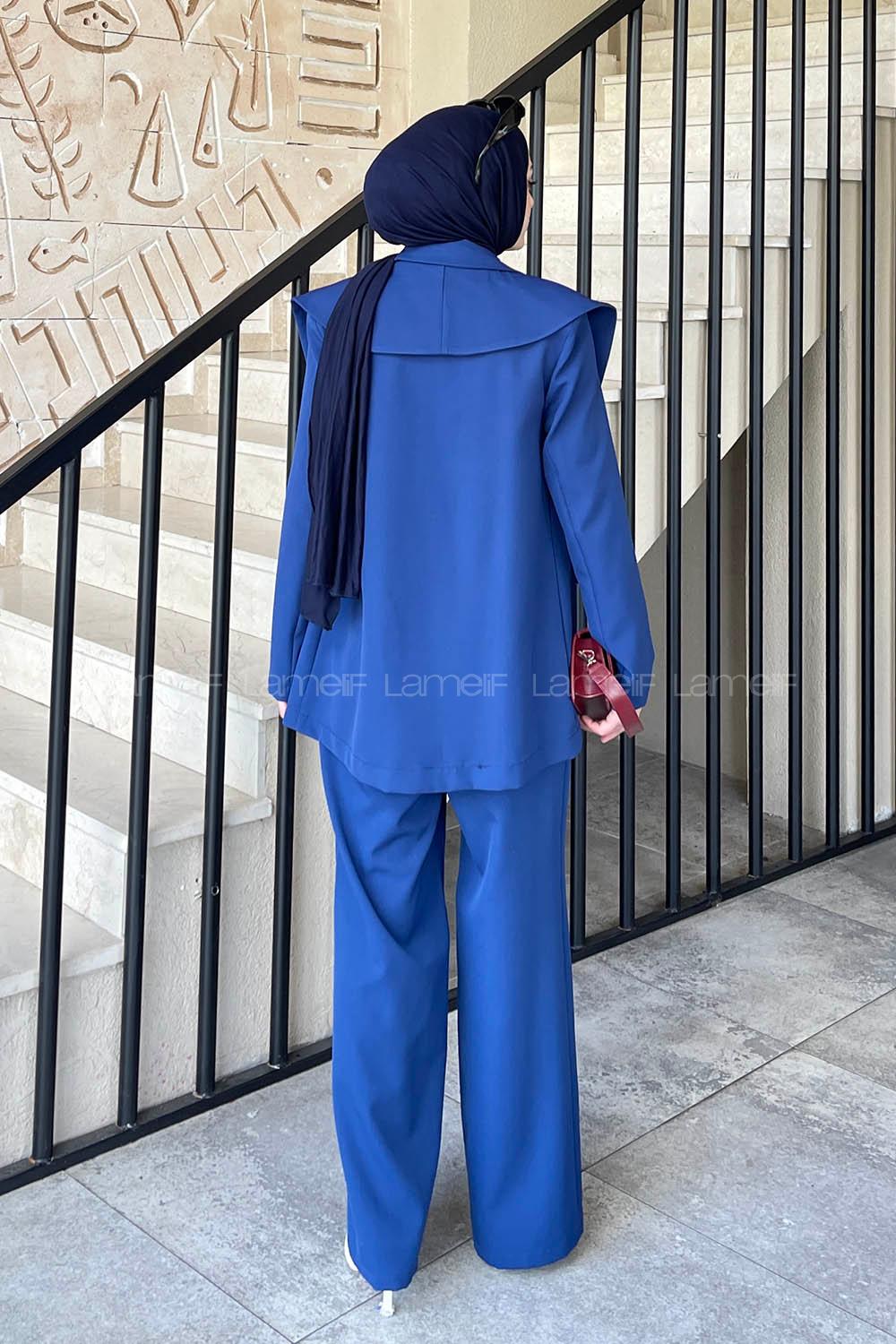 Lamelif Ön Parçalı Blazer Ceket Takım Saks Mavisi