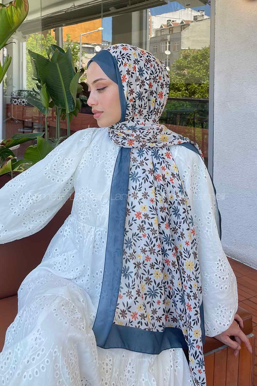 Lamelif Fleur Desen Soft Şal Petrol Mavi-Beyaz