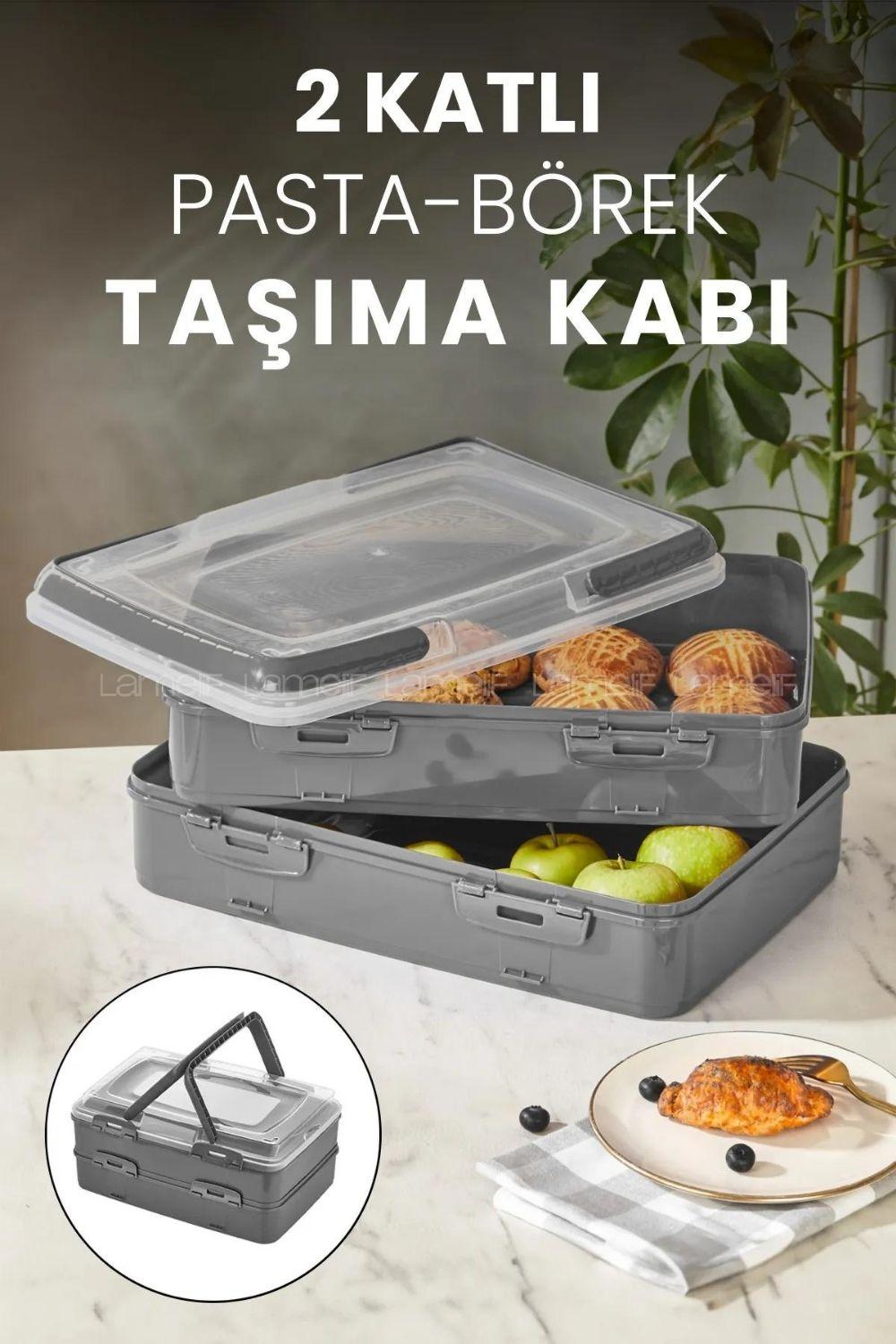Lamelif Büyük Boy 2 Katlı Kilitli Piknik Taşıma Kabı Pasta Börek Saklama Kabı ve Taşıma Kabı