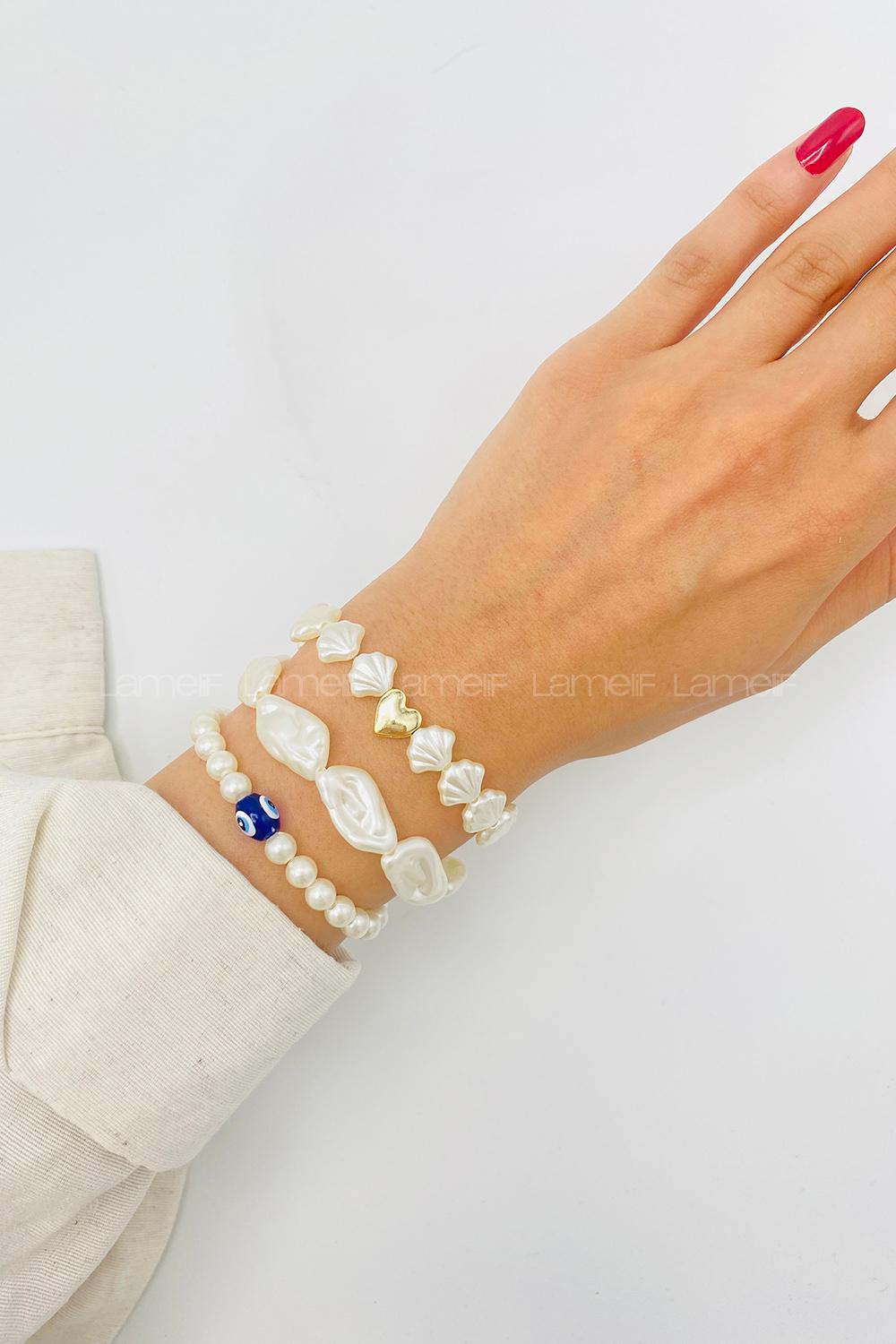 Lamelif 3lü Kombin Kalp Charmlı İnci Bileklik Seti