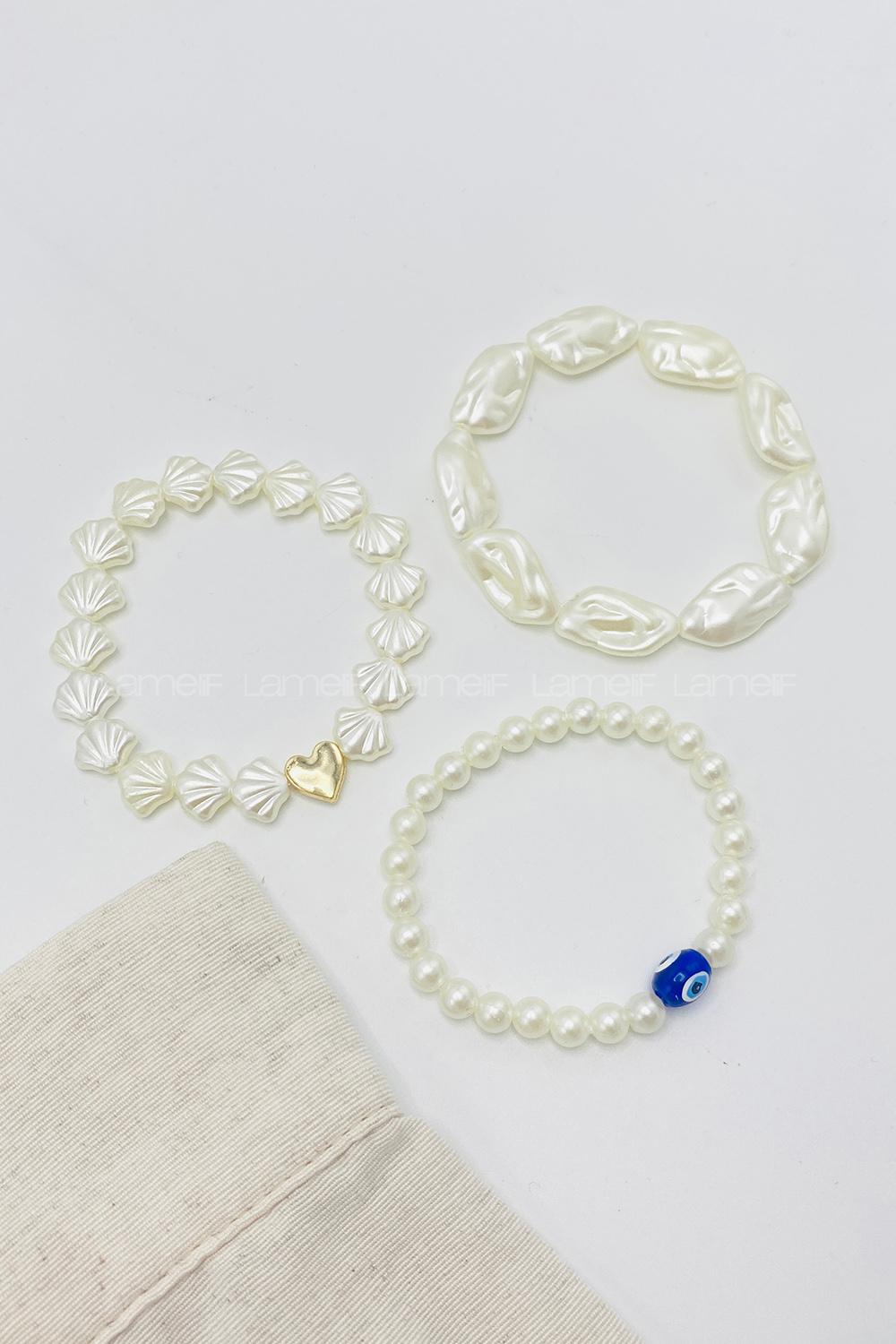 Lamelif 3lü Kombin Kalp Charmlı İnci Bileklik Seti