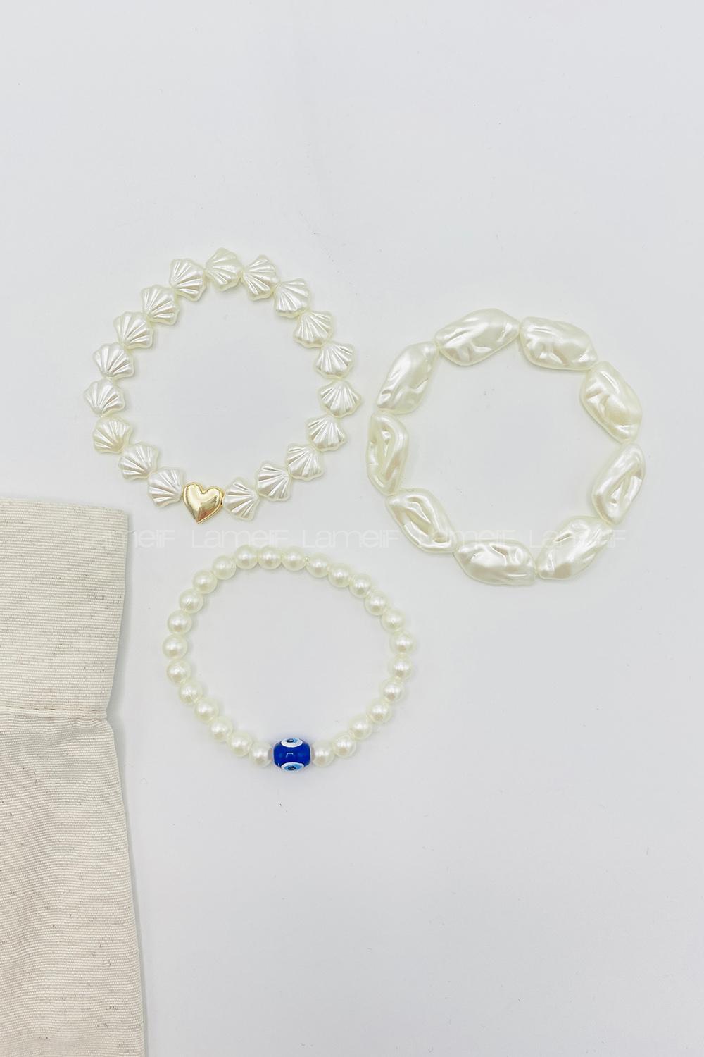 Lamelif 3lü Kombin Kalp Charmlı İnci Bileklik Seti