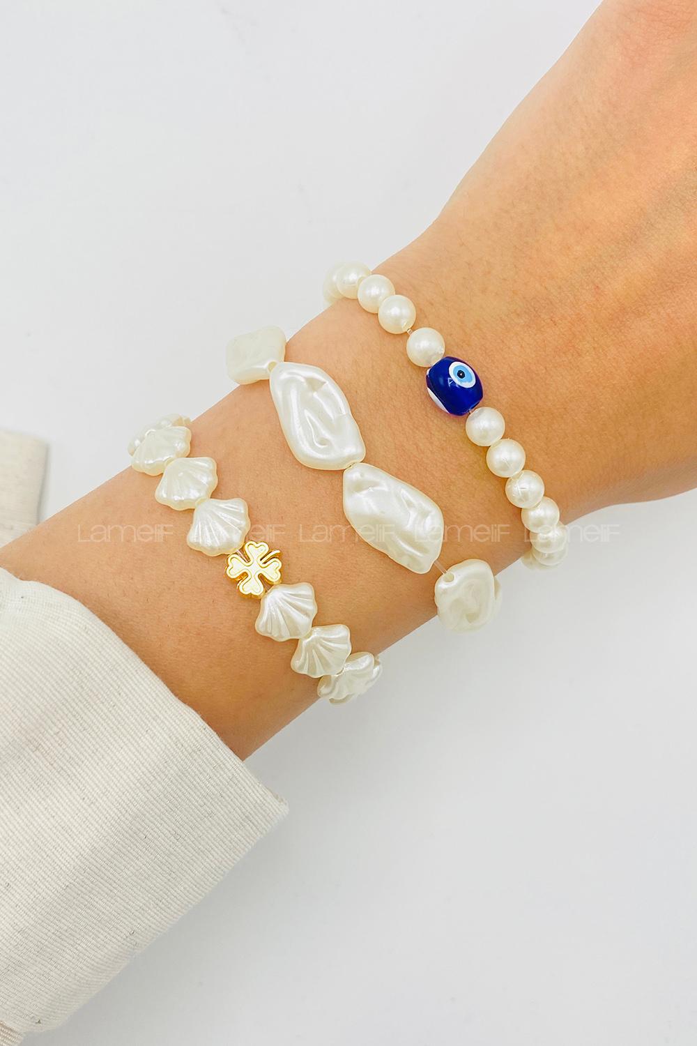 Lamelif 3lü Kombin Yonca Charmlı İnci Bileklik Seti