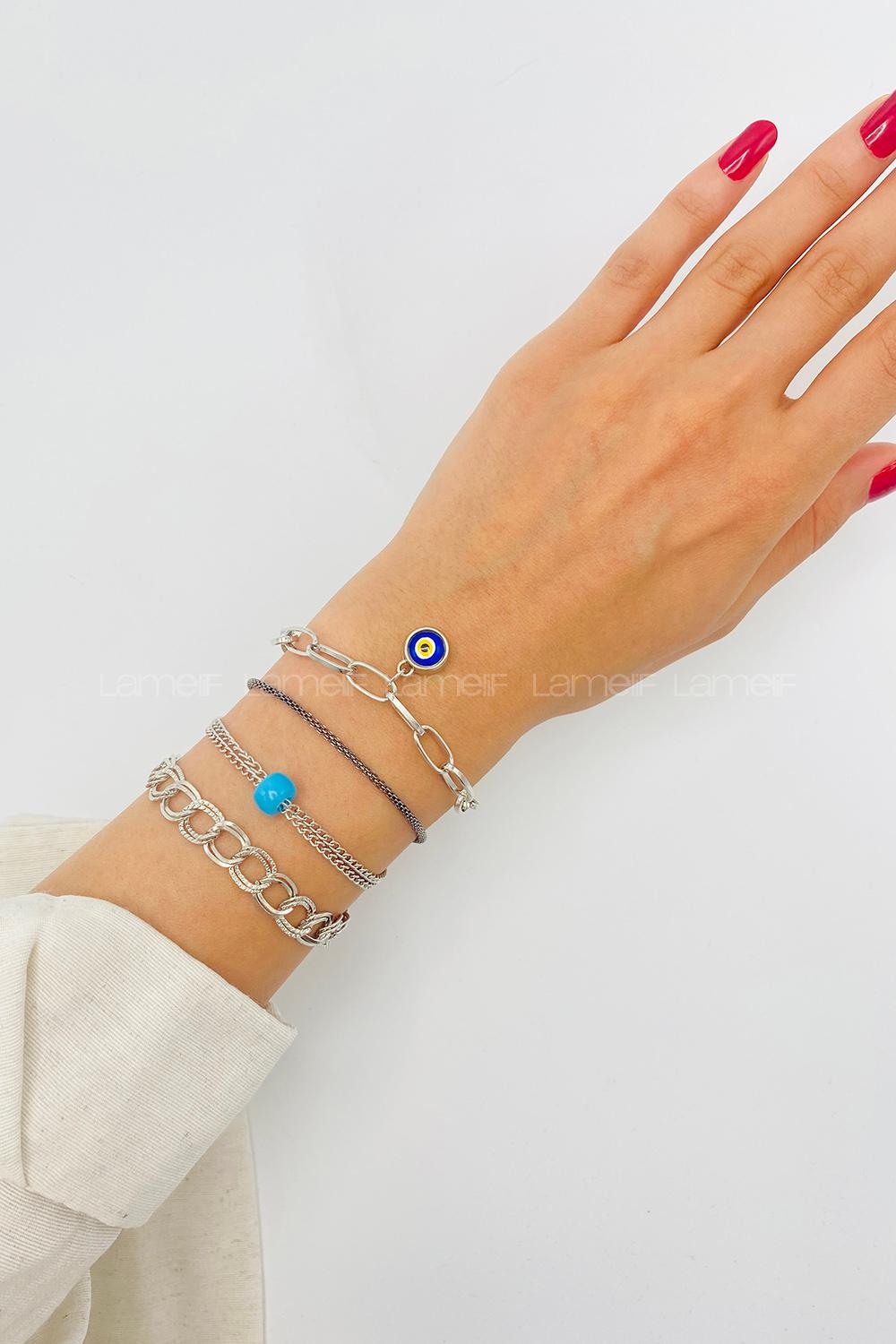 Lamelif Gümüş 4lü Kombin Nazar Detaylı Zincir Bileklik Seti