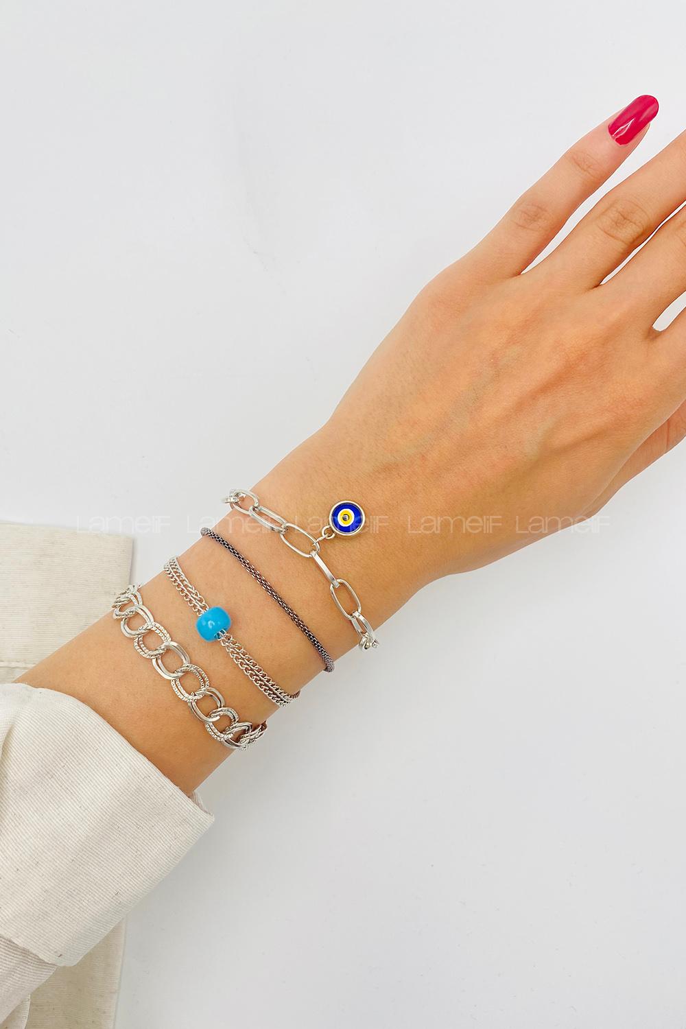 Lamelif Gümüş 4lü Kombin Nazar Detaylı Zincir Bileklik Seti