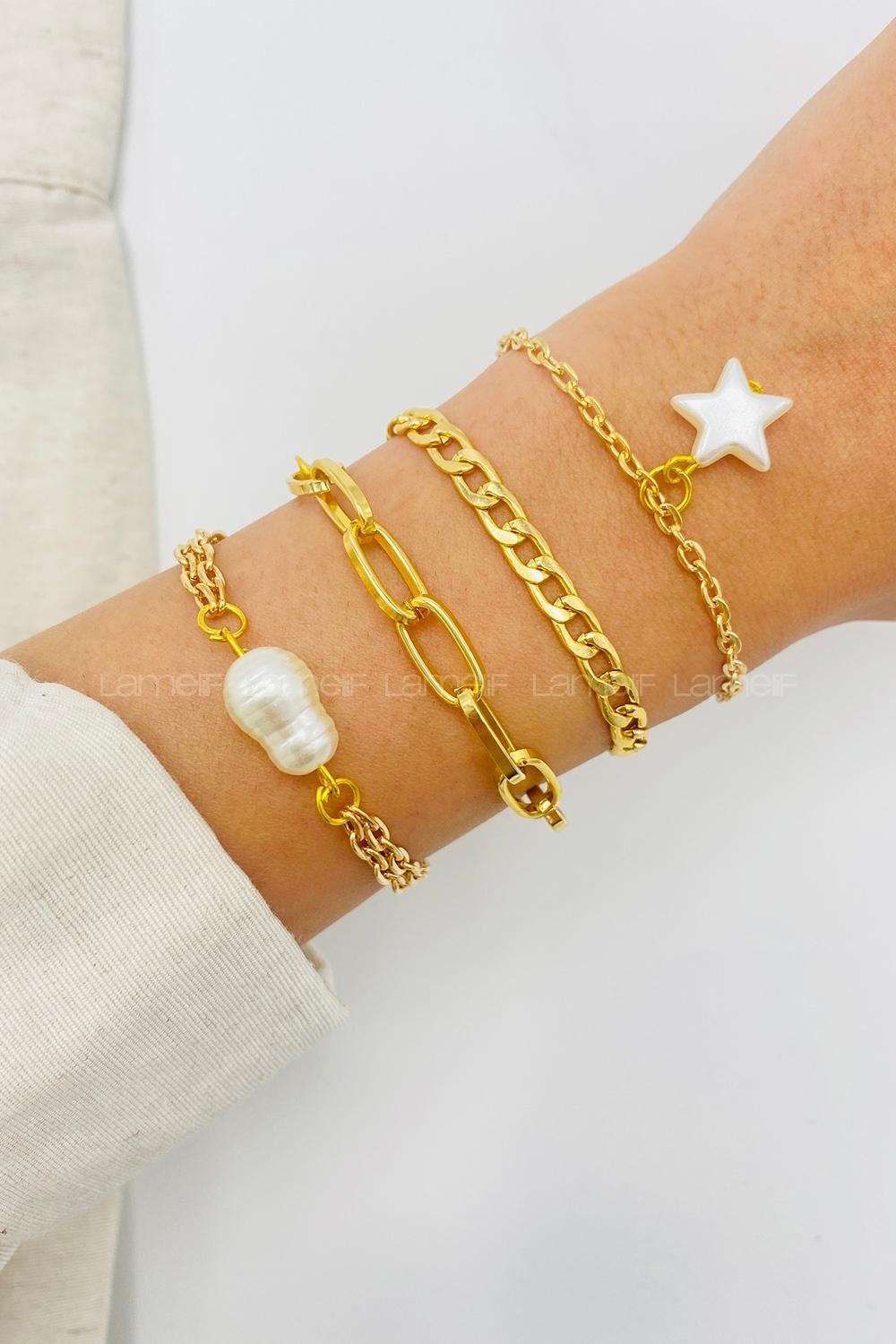 Lamelif Gümüş 4lü Kombin Yıldız Detaylı Zincir Bileklik Seti