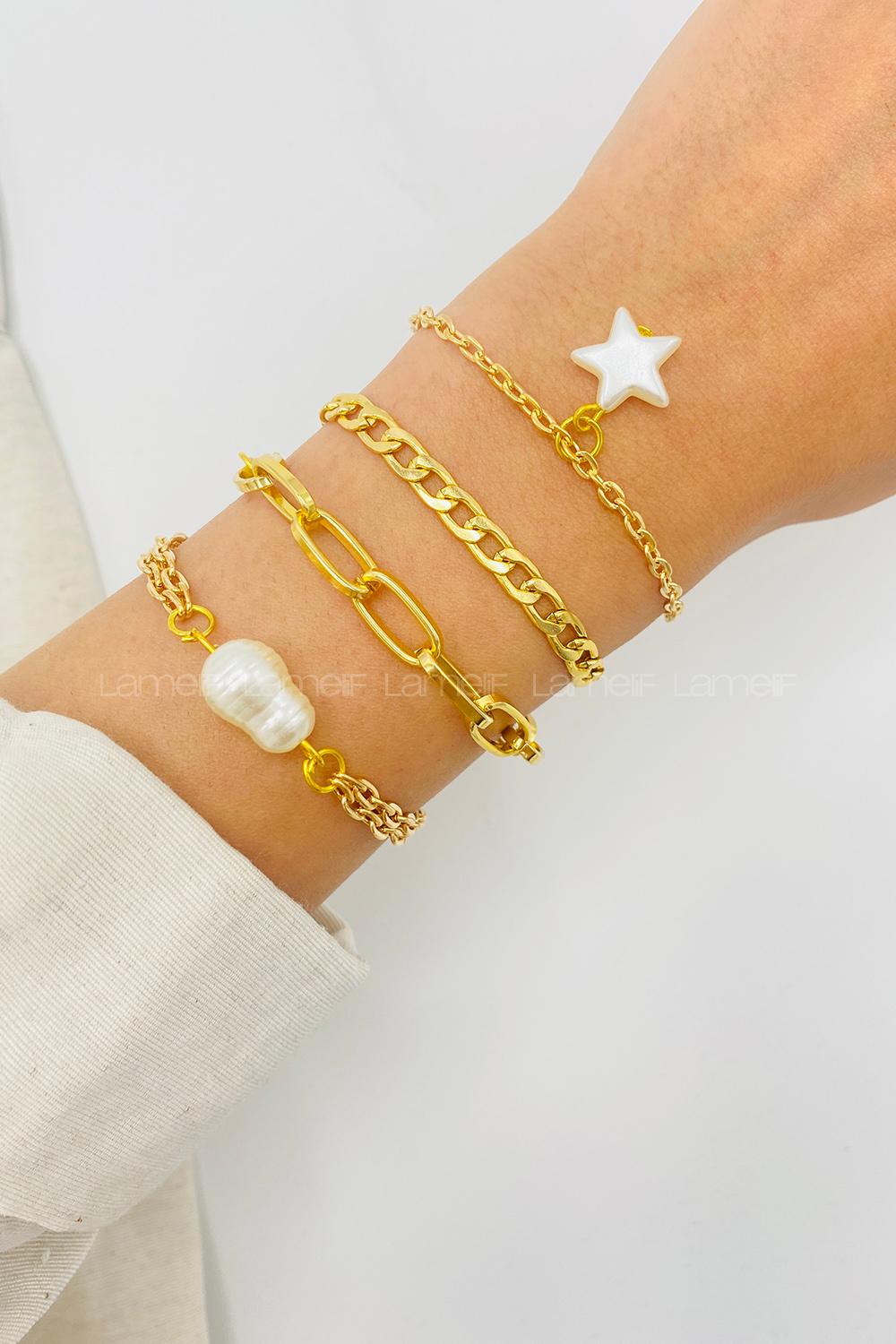Lamelif Gümüş 4lü Kombin Yıldız Detaylı Zincir Bileklik Seti
