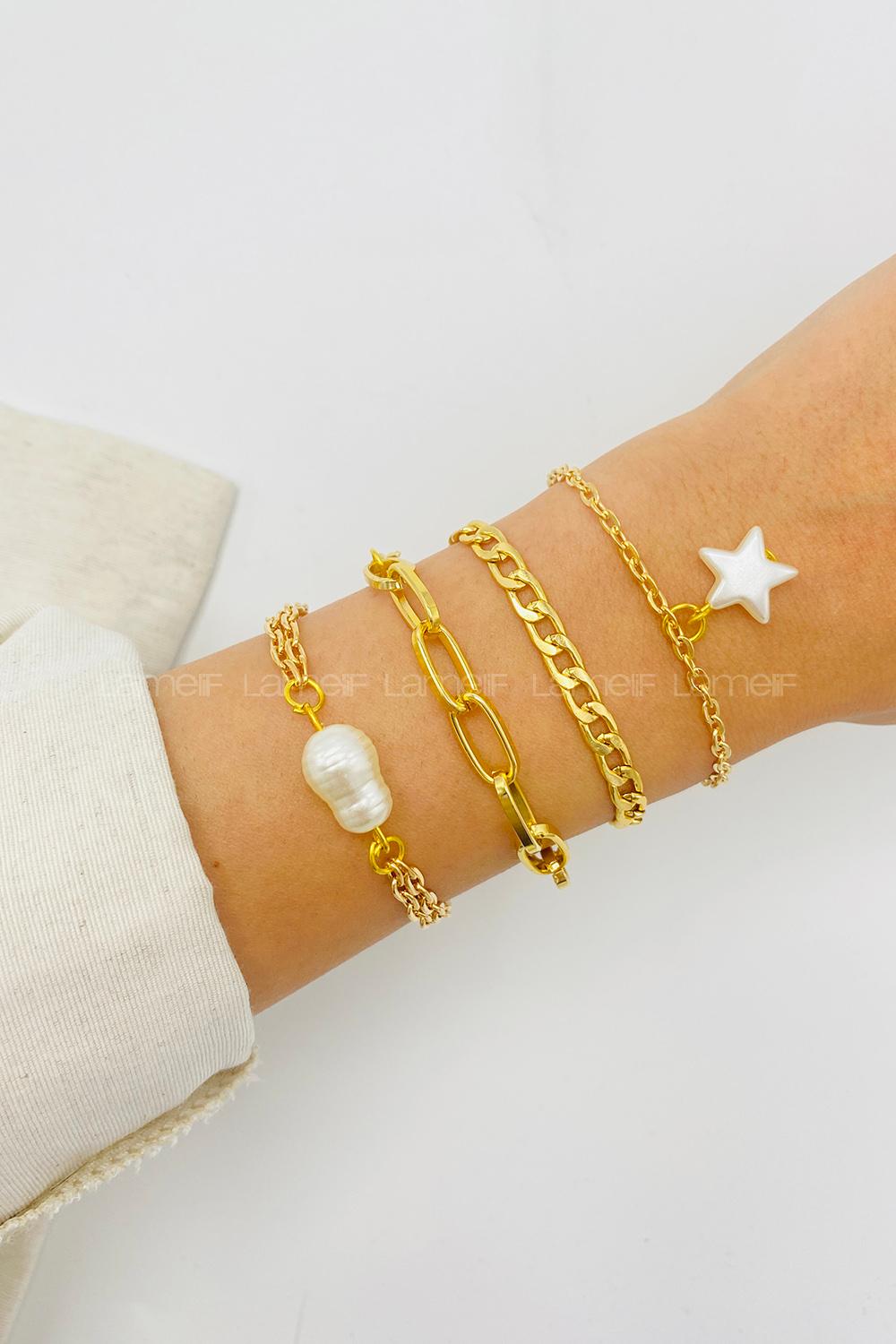 Lamelif Gümüş 4lü Kombin Yıldız Detaylı Zincir Bileklik Seti