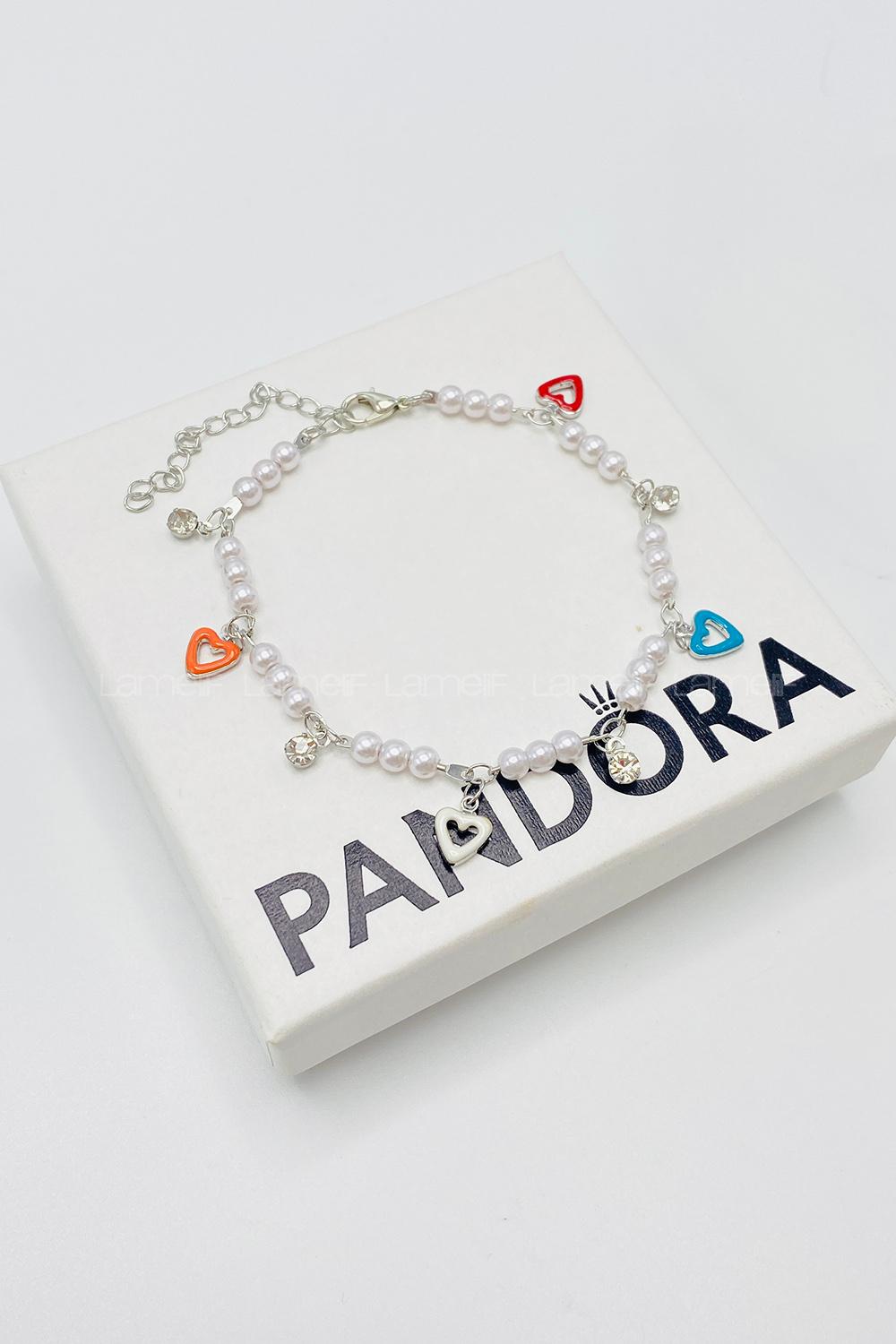 Lamelif Gümüş İnci Detaylı Renkli Kalpli Zarif Bileklik