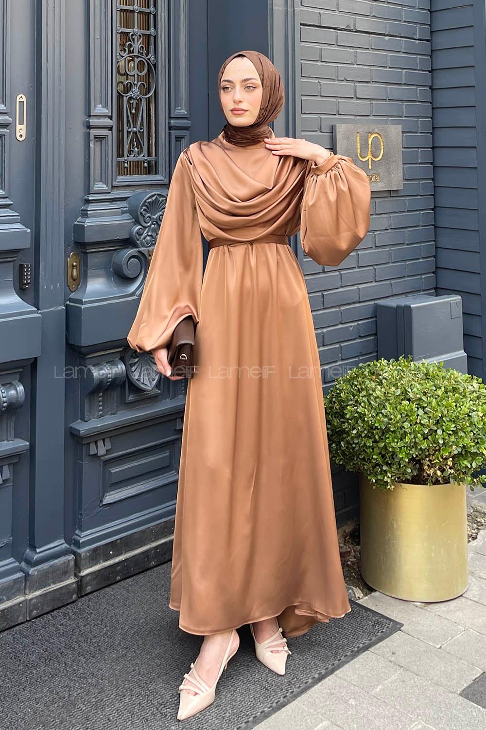 Camel Mandarin Collar Satin Fabric Dresess