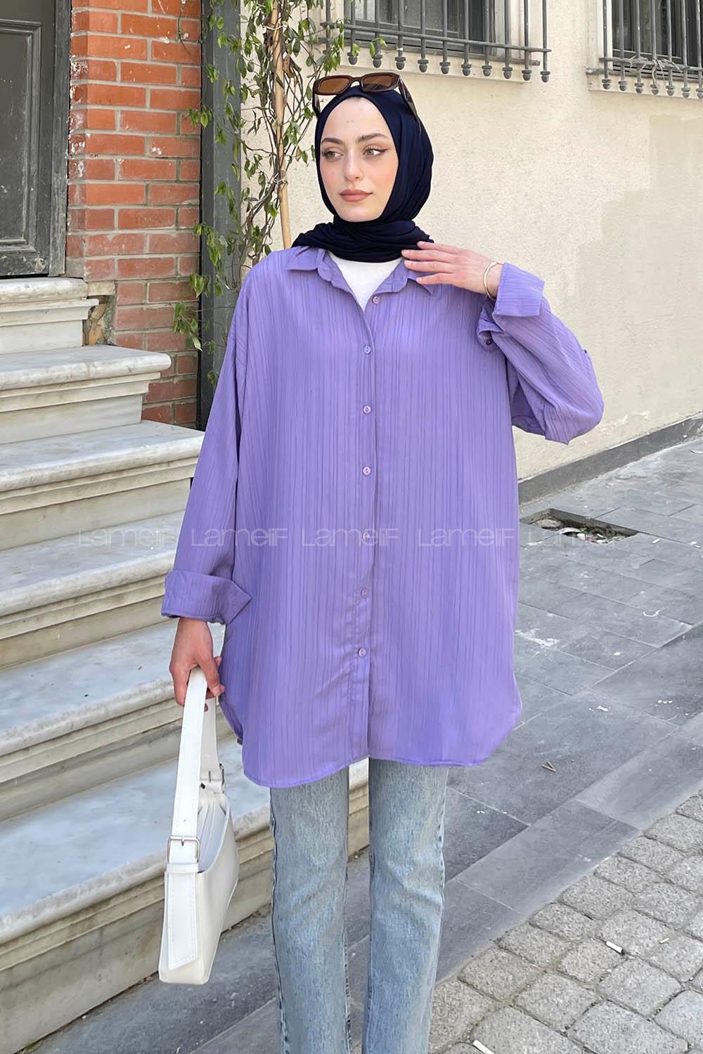 Lamelif Ovesize Gofre Gömlek Lila