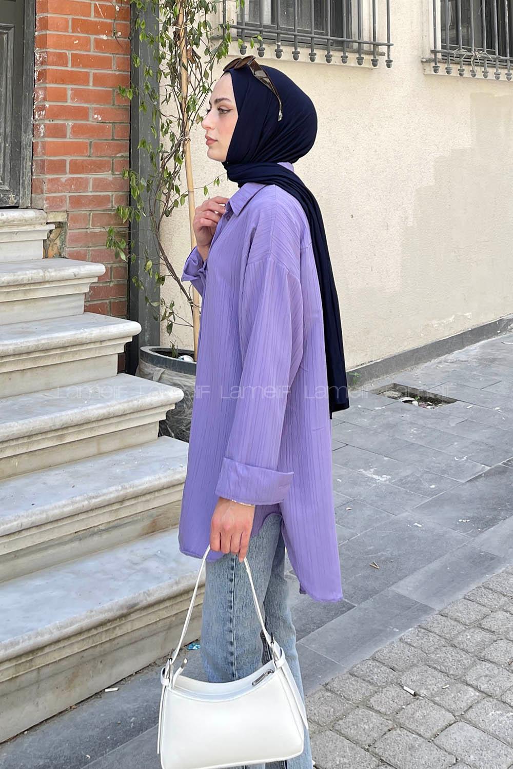 Lamelif Ovesize Gofre Gömlek Lila