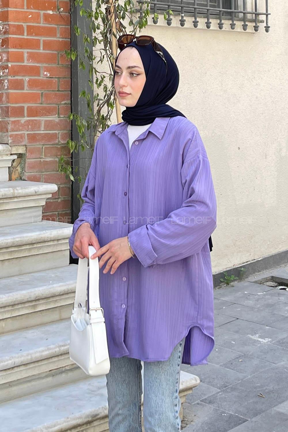 Lamelif Ovesize Gofre Gömlek Lila