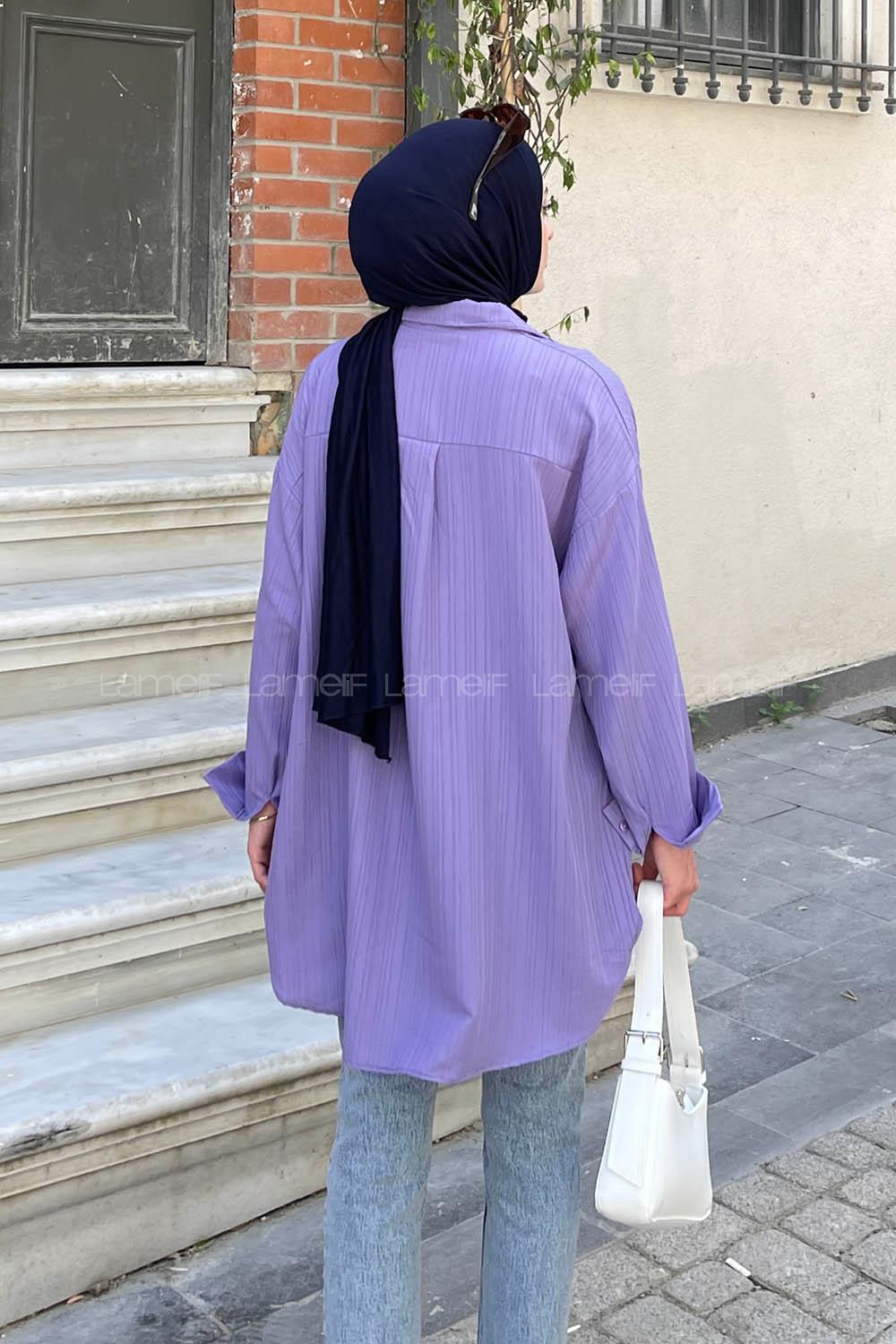 Lamelif Ovesize Gofre Gömlek Lila