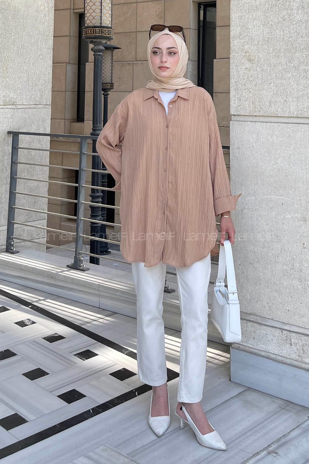 Lamelif Ovesize Gofre Gömlek Sütlü Kahve