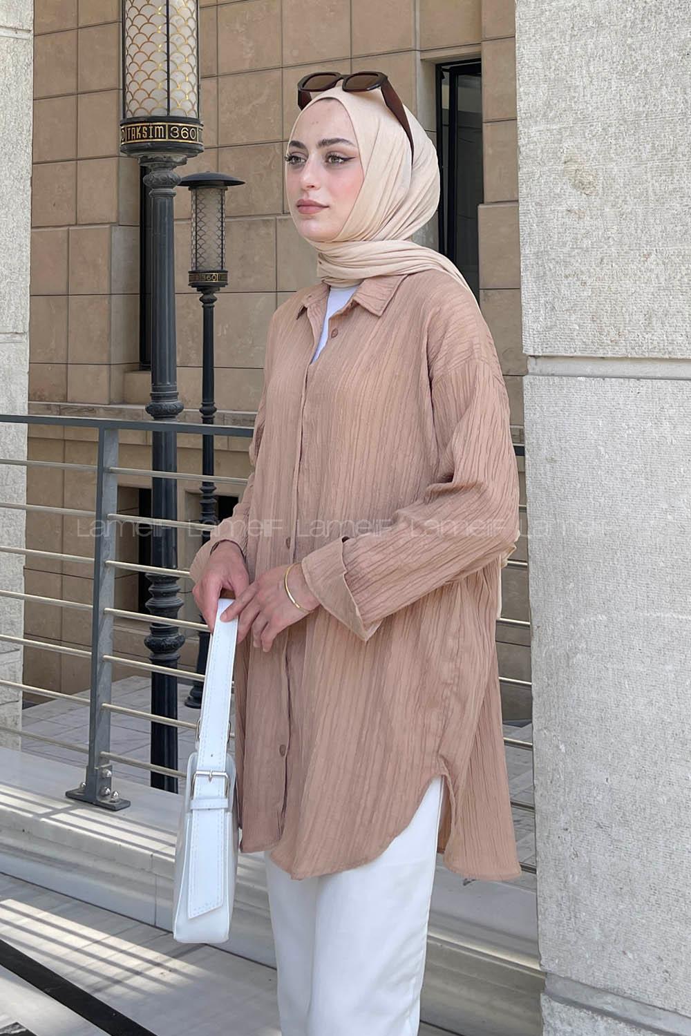 Lamelif Ovesize Gofre Gömlek Sütlü Kahve