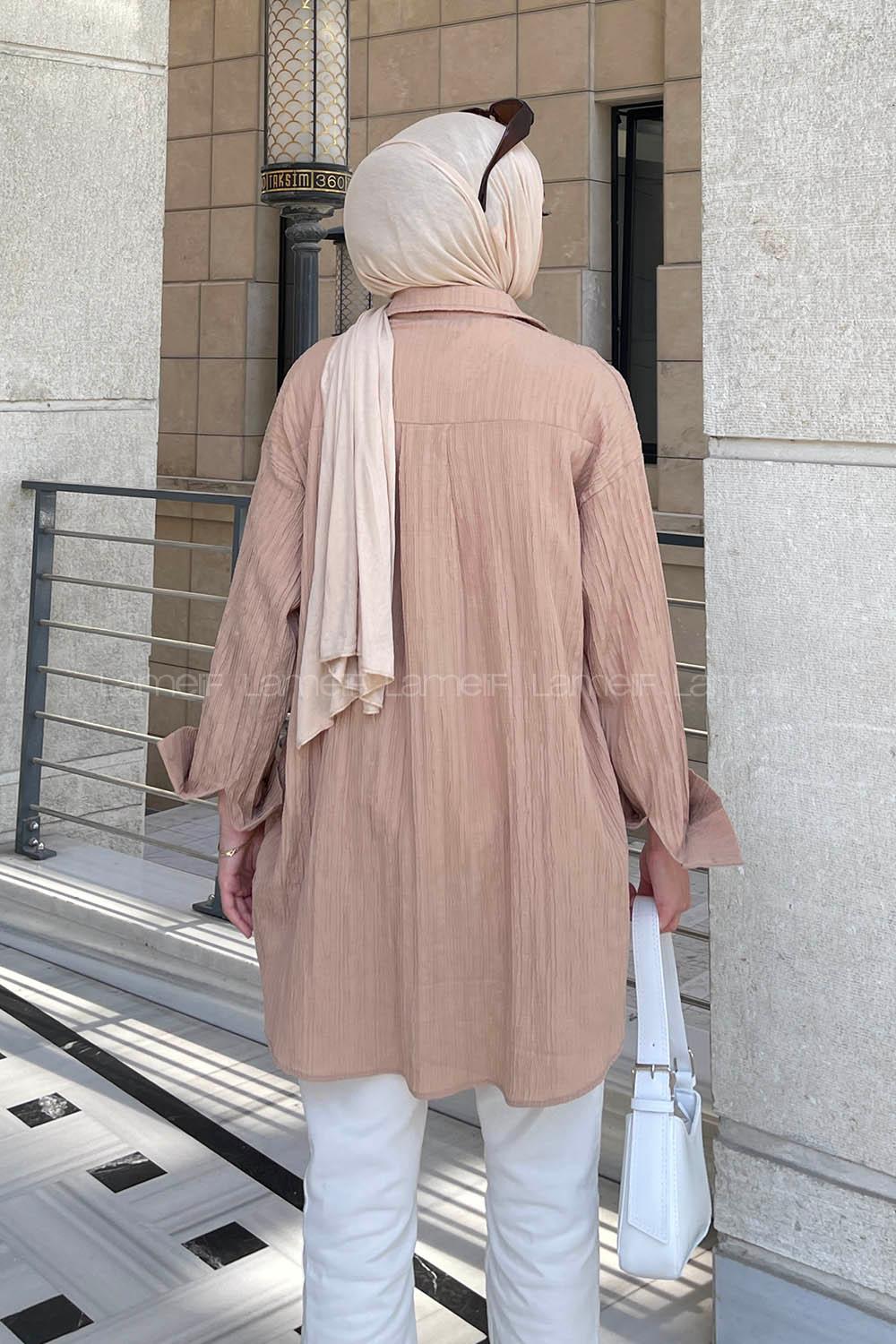 Lamelif Ovesize Gofre Gömlek Sütlü Kahve