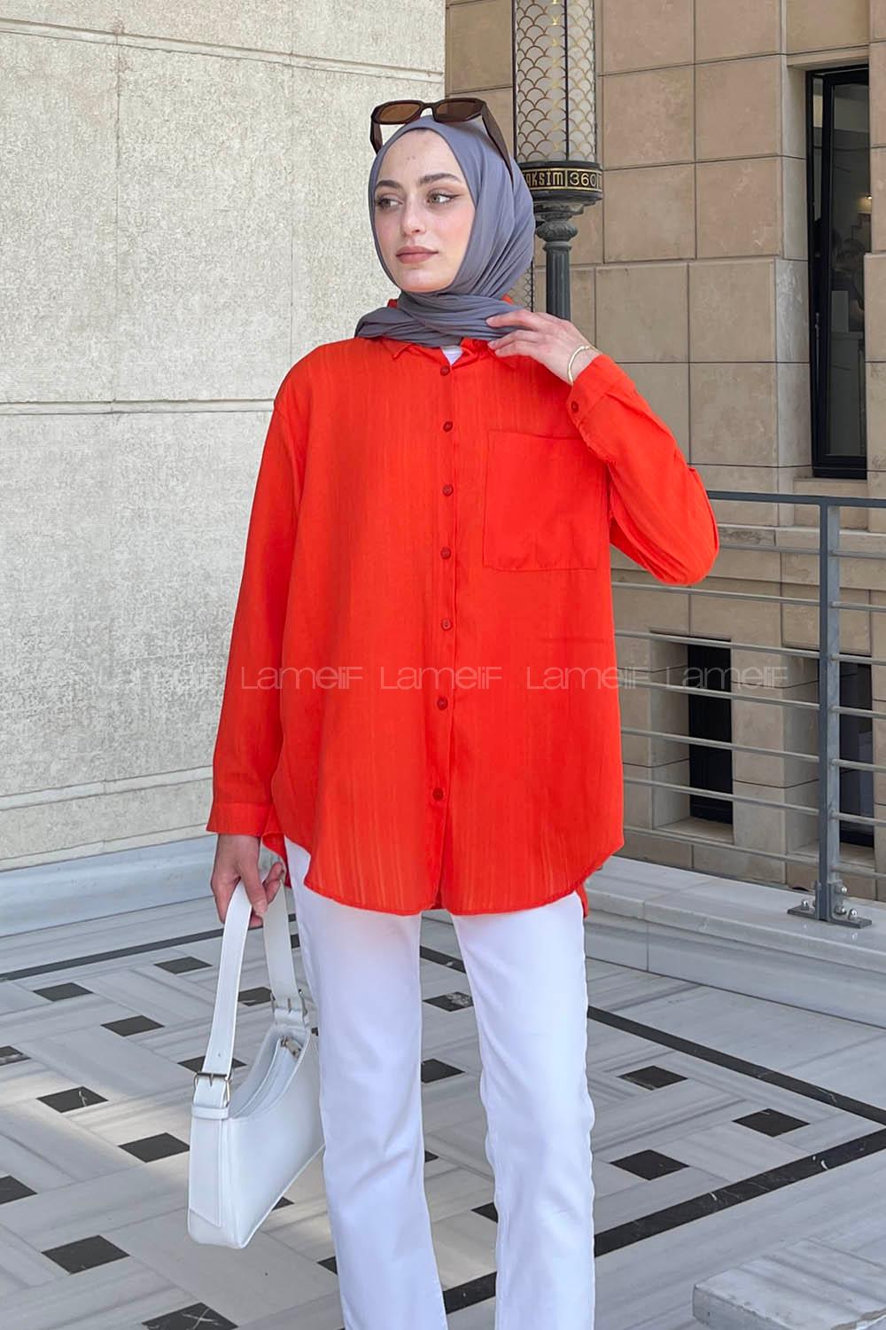 Orange Shirt Collar Long Arm Poplin Fabric Shirt