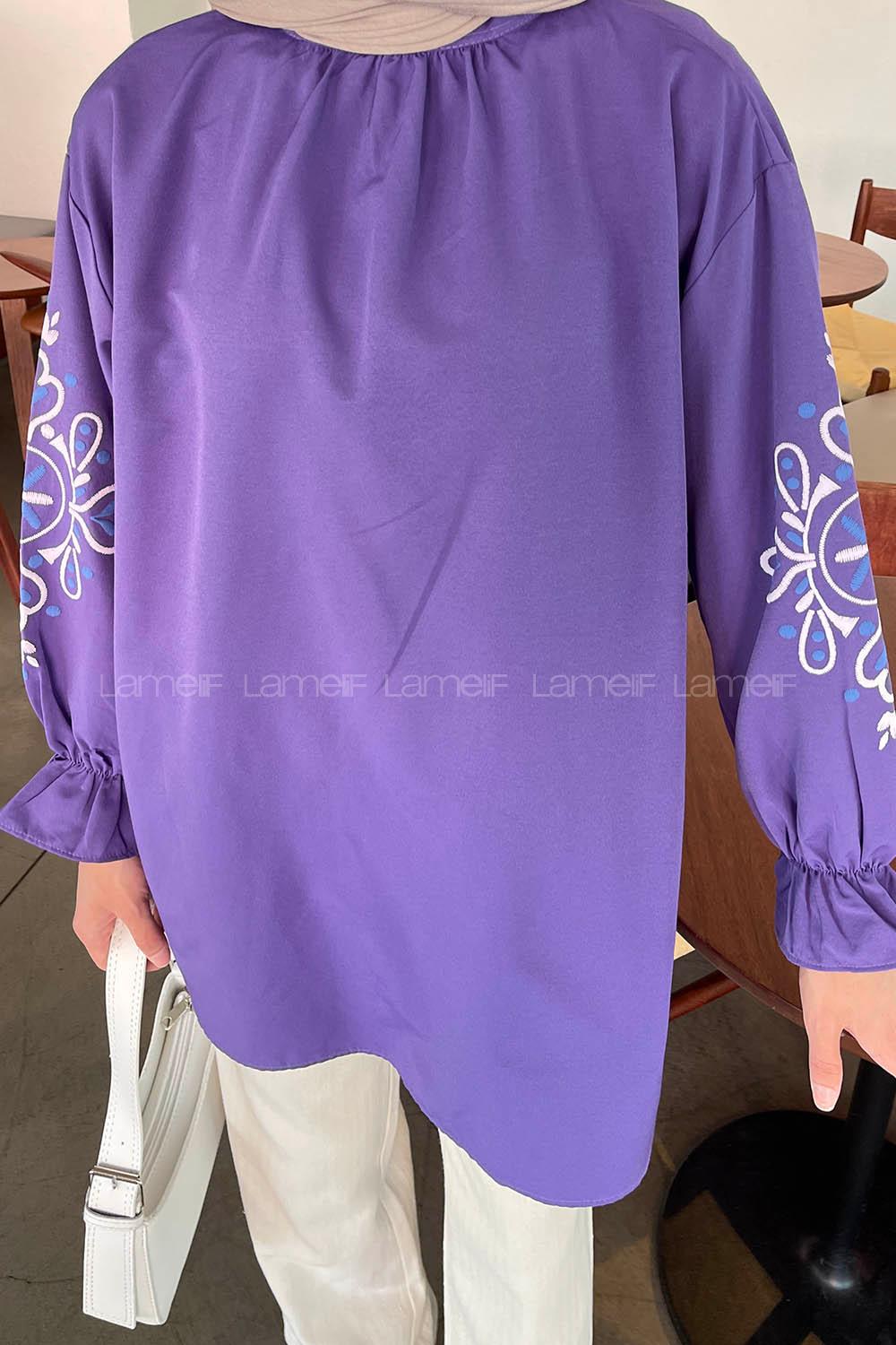Purble Mandarin Collar Cotton Printed Tunic