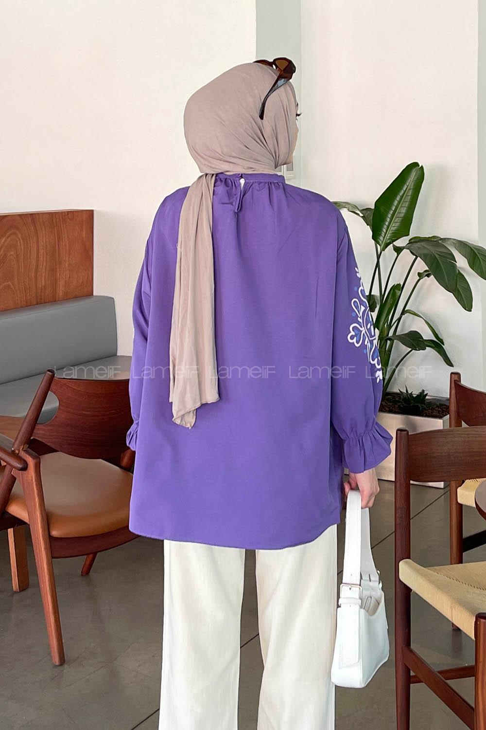 Purble Mandarin Collar Cotton Printed Tunic