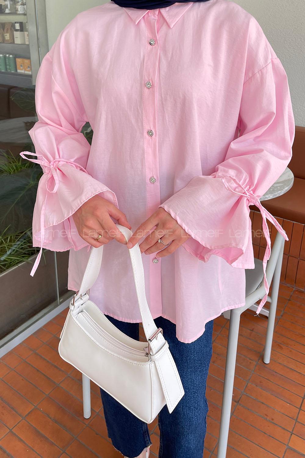 Lamelif Kol Tünel İp Detaylı Gömlek Şeker Pembesi