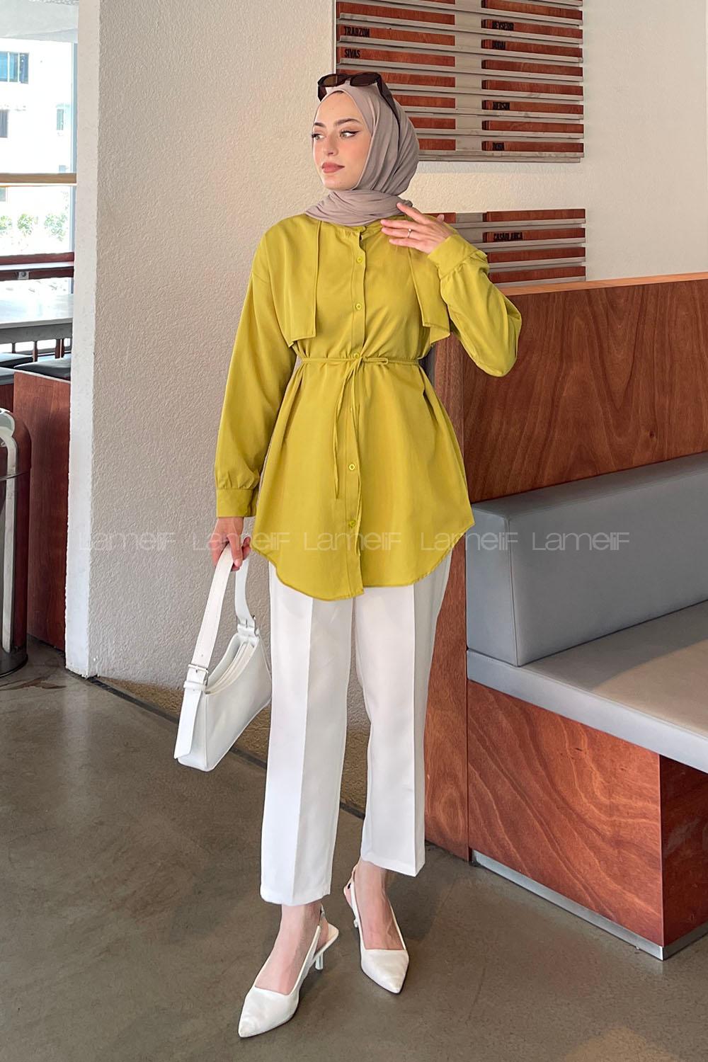 Lamelif Yaka Detaylı Terikoton Gömlek Yağ Yeşili