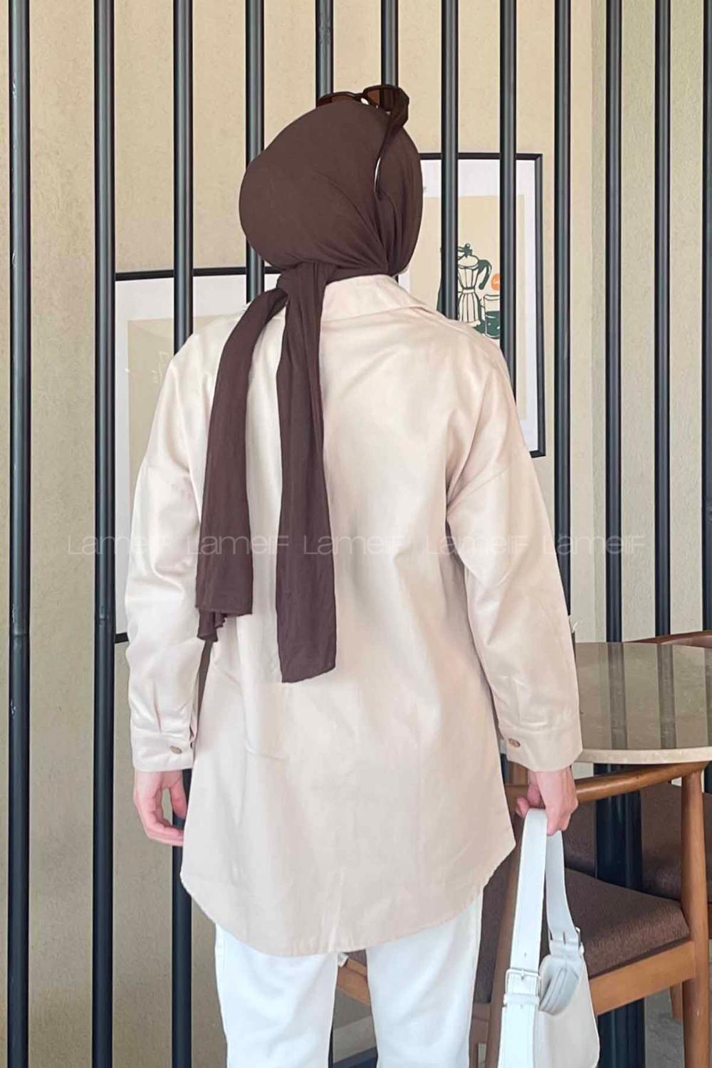 Lamelif Kapaklı İki Cepli Tahta Düğmeli Gömlek Vizonrengi