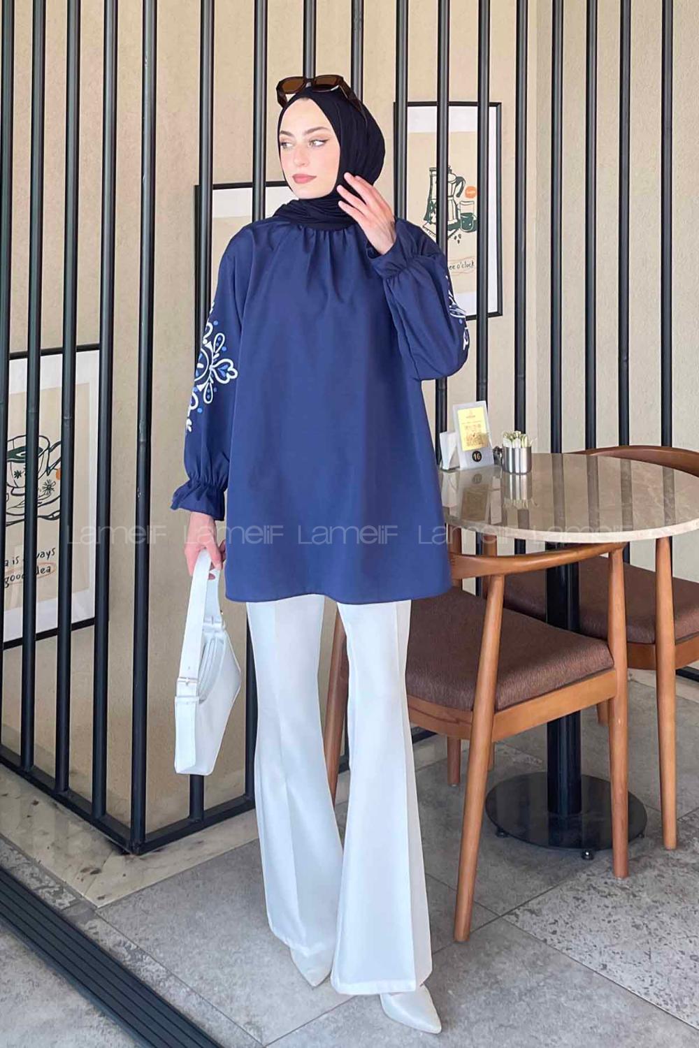 Navy Blue Mandarin Collar Cotton Printed Tunic