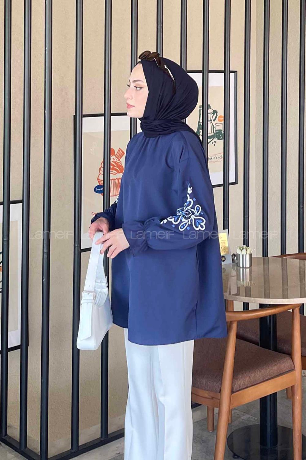 Navy Blue Mandarin Collar Cotton Printed Tunic