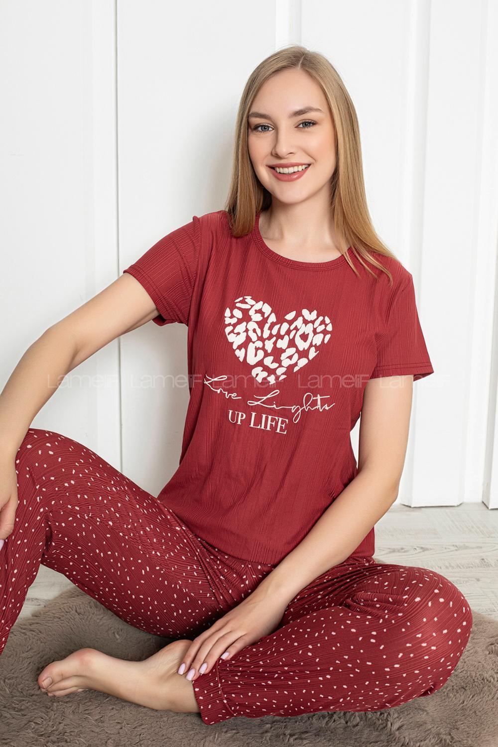 Lamelif Uzun Eşofman Kalp Baskılı  Pijama Takımı Kadın Vişne