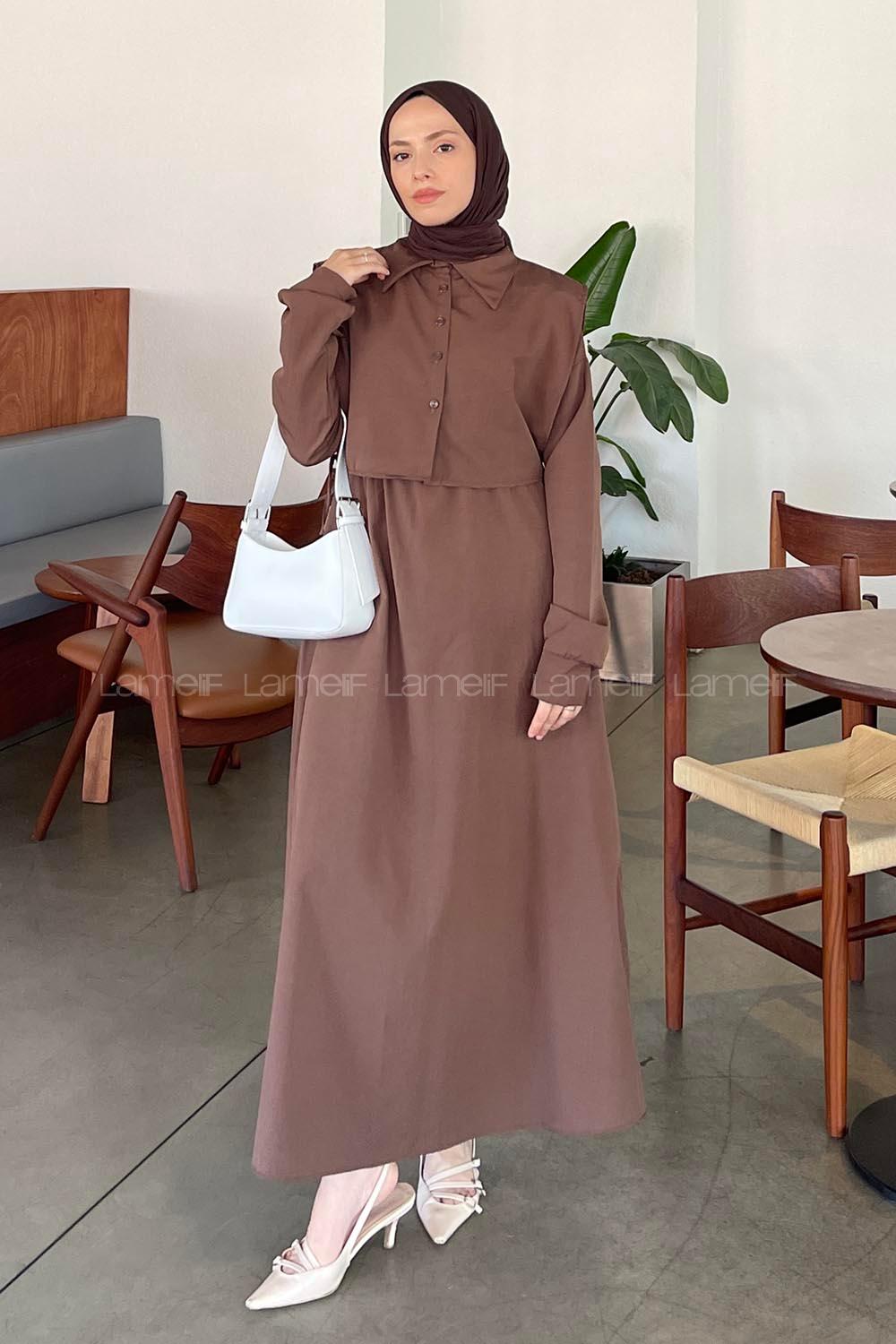 Lamelif Yelekli Terikoton Elbise Acı Kahve