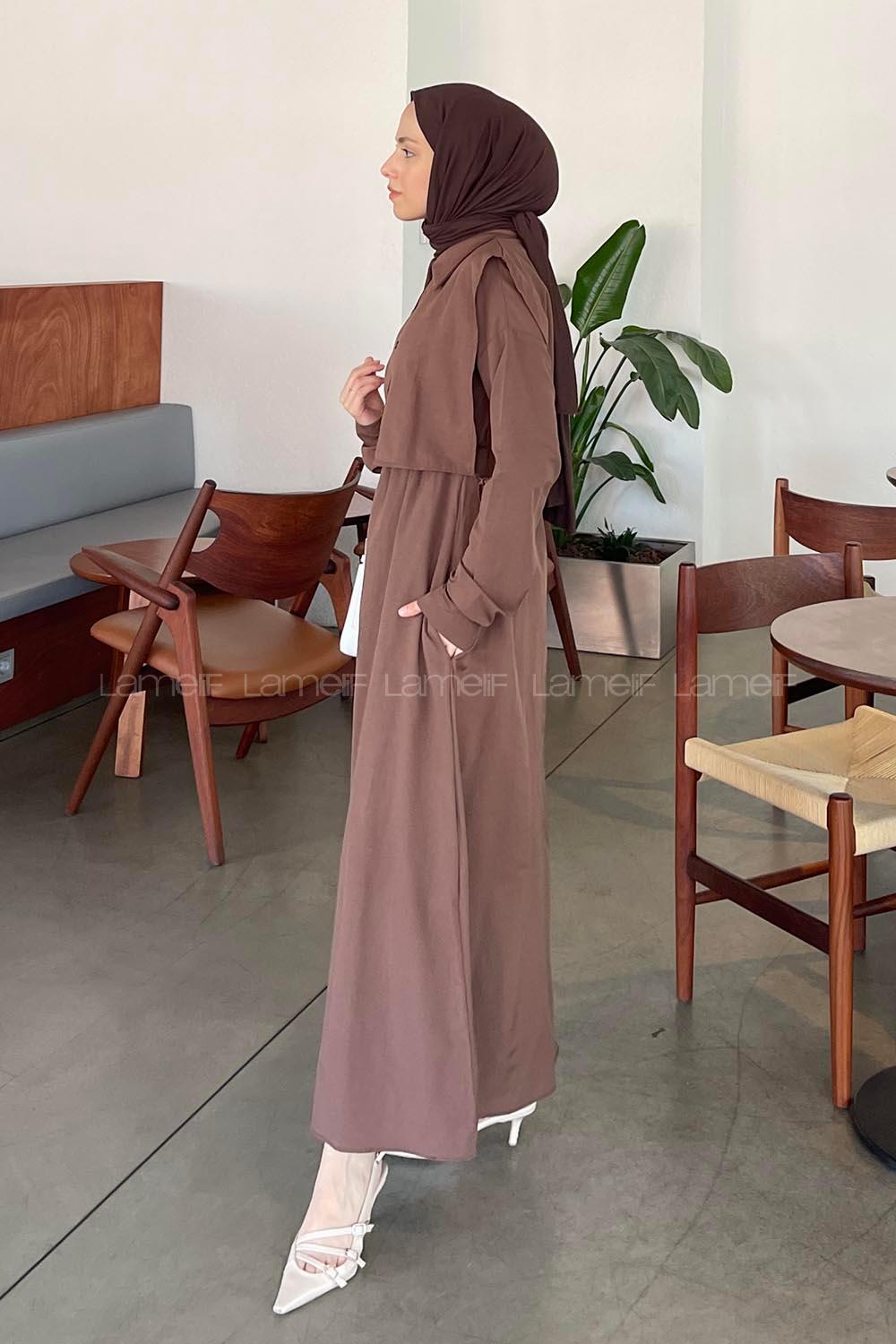 Lamelif Yelekli Terikoton Elbise Acı Kahve