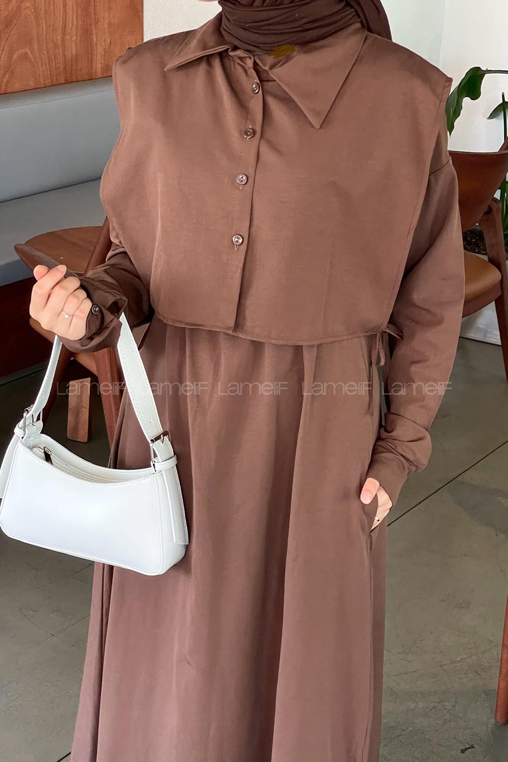 Lamelif Yelekli Terikoton Elbise Acı Kahve