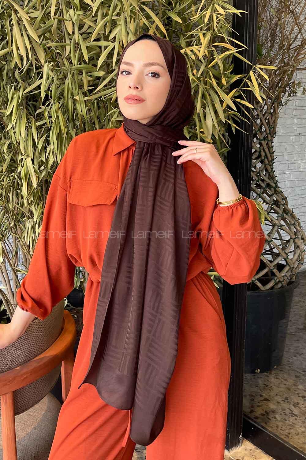 Lamelif Kibrit Desen Jakar Şal Acı Kahve